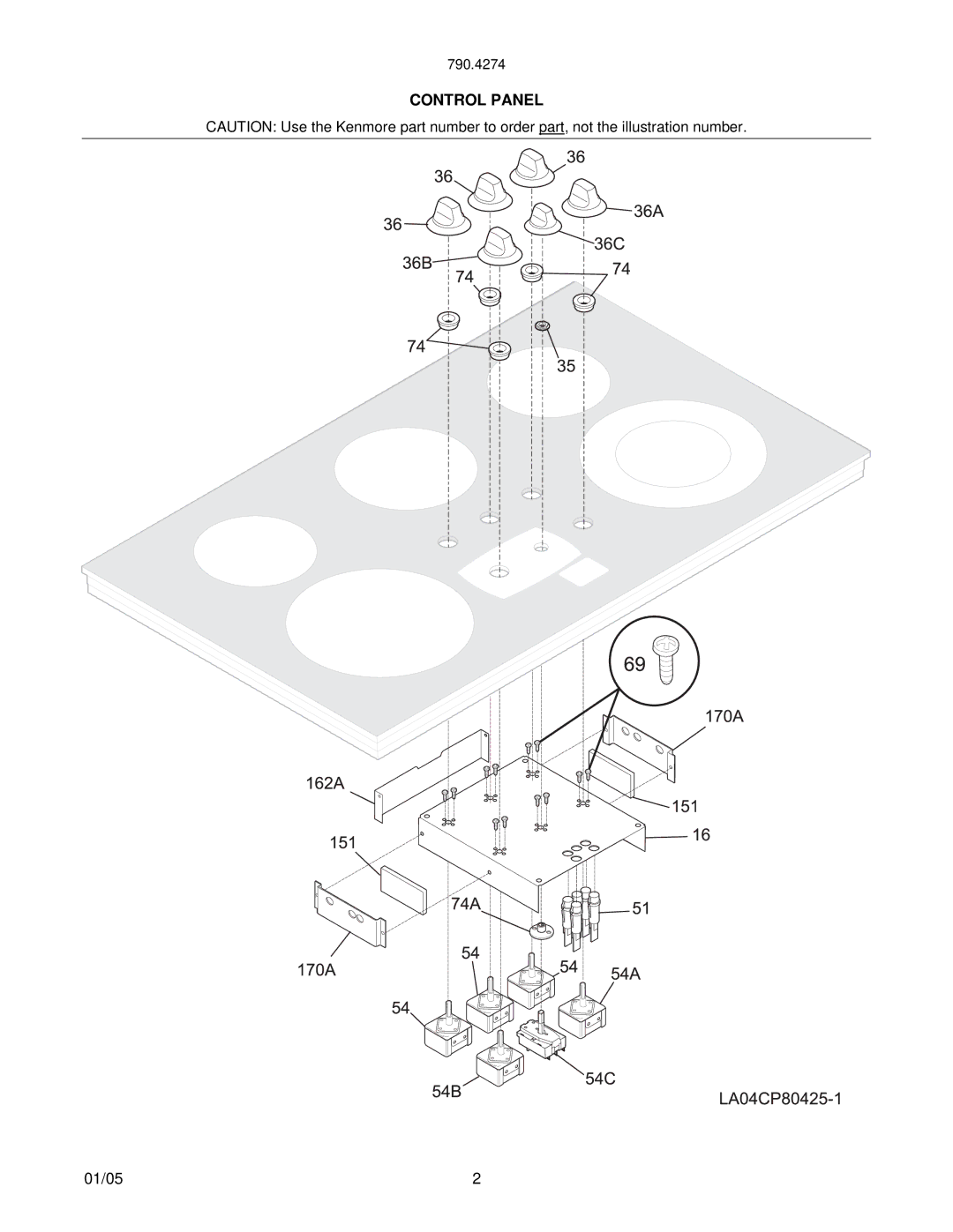 Frigidaire LA04CT80425-1A, 790.42749401, 42742400, 790.42741402, 790.42742401, 790.42743401, LA04CP80425-1 Control Panel 