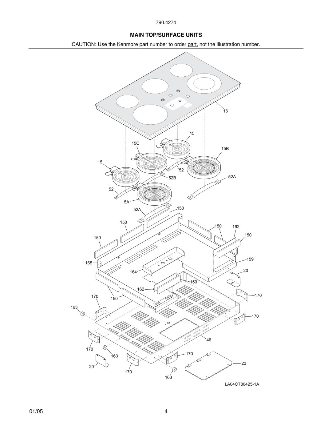 Frigidaire 790.42741402, LA04CT80425-1A, 790.42749401, 42742400, 790.42742401, 790.42743401, 318046807-2 Main TOP/SURFACE Units 