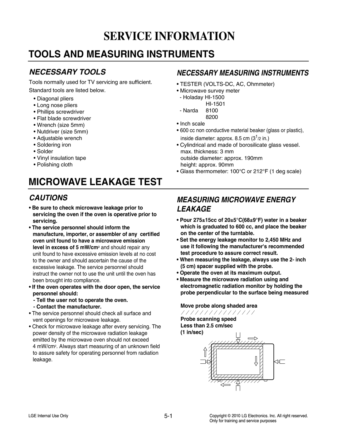 Frigidaire LCRT2010ST service manual Service Information, Tools and Measuring Instruments, Microwave Leakage Test 