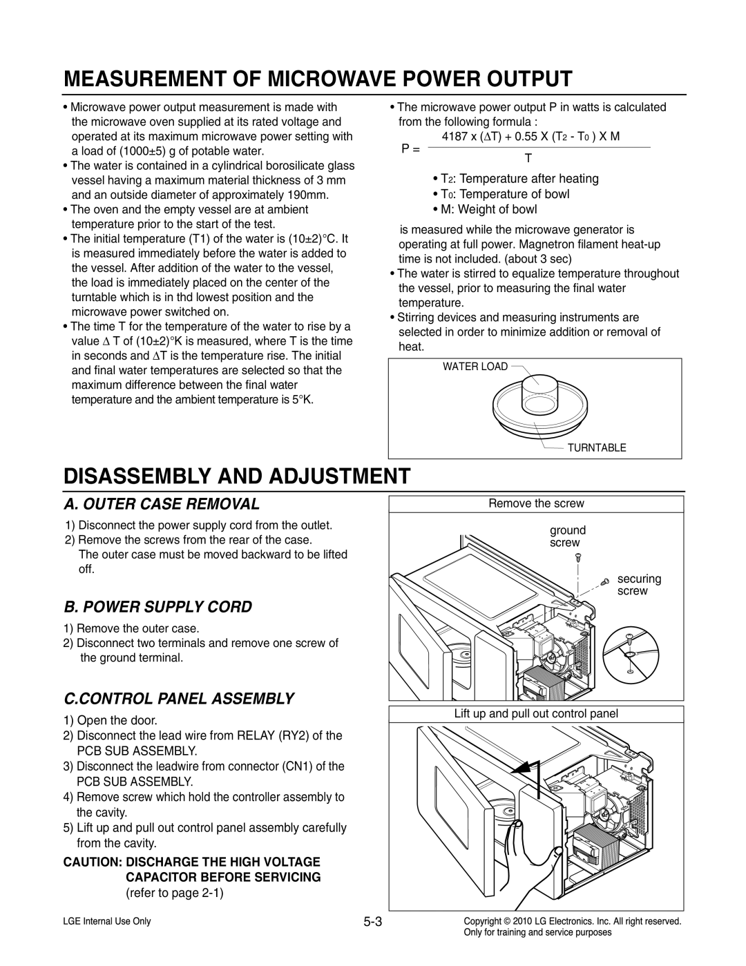 Frigidaire LCRT2010ST service manual Measurement of Microwave Power Output, Disassembly and Adjustment, Outer Case Removal 