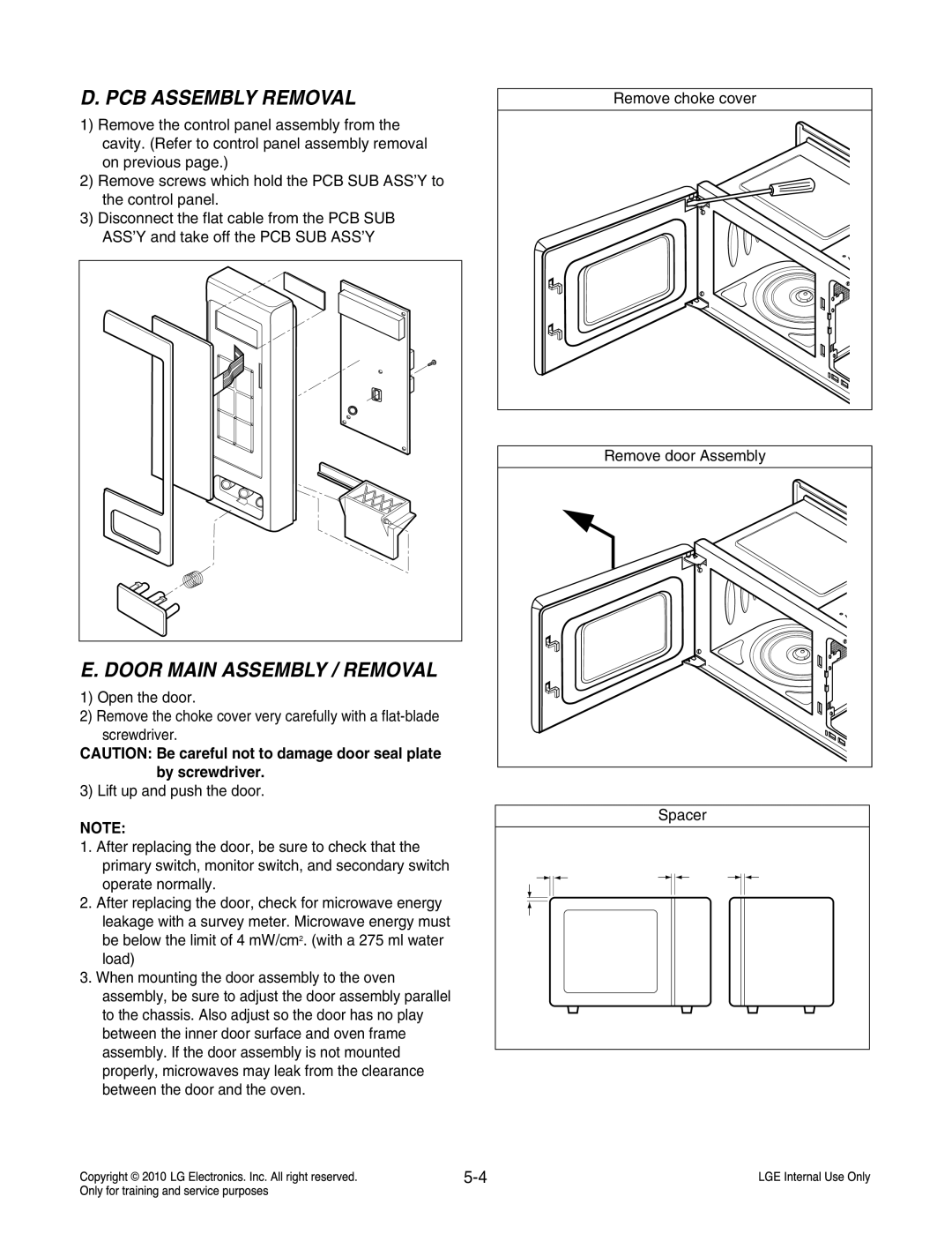 Frigidaire LCRT2010ST service manual PCB Assembly Removal, Door Main Assembly / Removal 