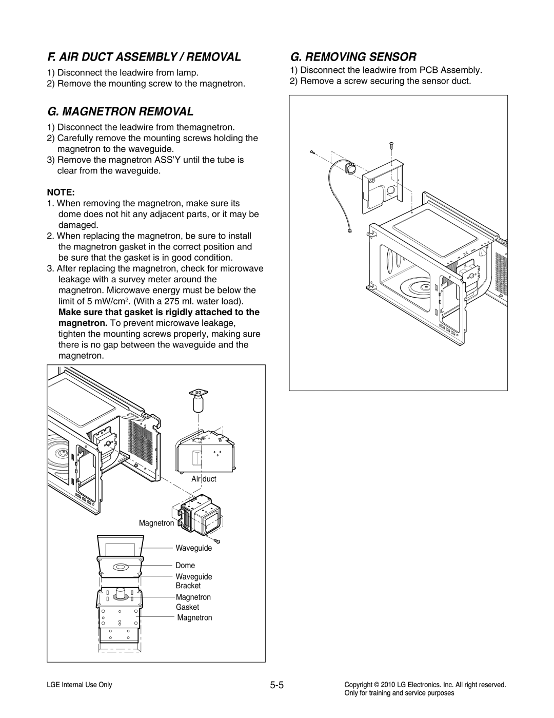 Frigidaire LCRT2010ST service manual AIR Duct Assembly / Removal, Magnetron Removal, Removing Sensor 