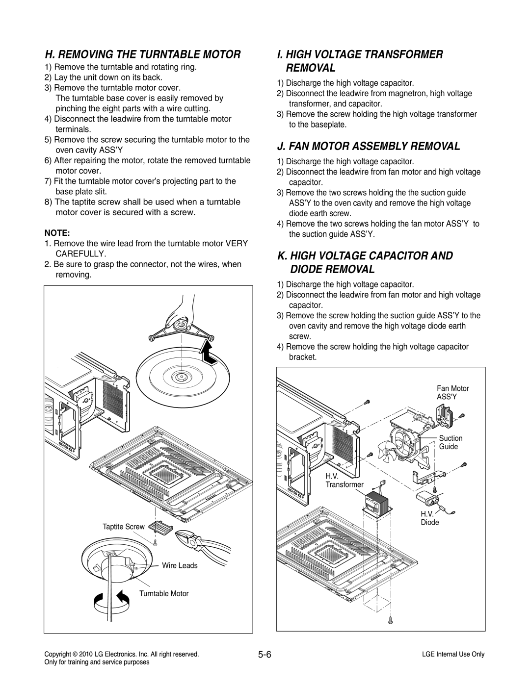 Frigidaire LCRT2010ST Removing the Turntable Motor, High Voltage Transformer Removal, FAN Motor Assembly Removal 