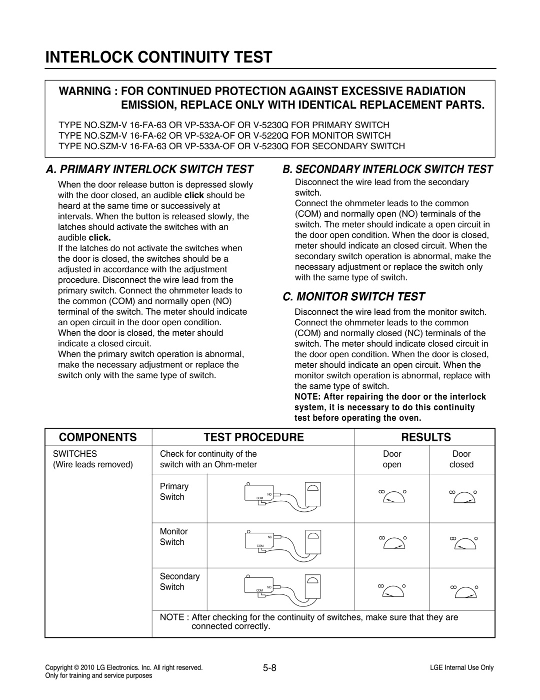 Frigidaire LCRT2010ST Interlock Continuity Test, Primary Interlock Switch Test, Secondary Interlock Switch Test 