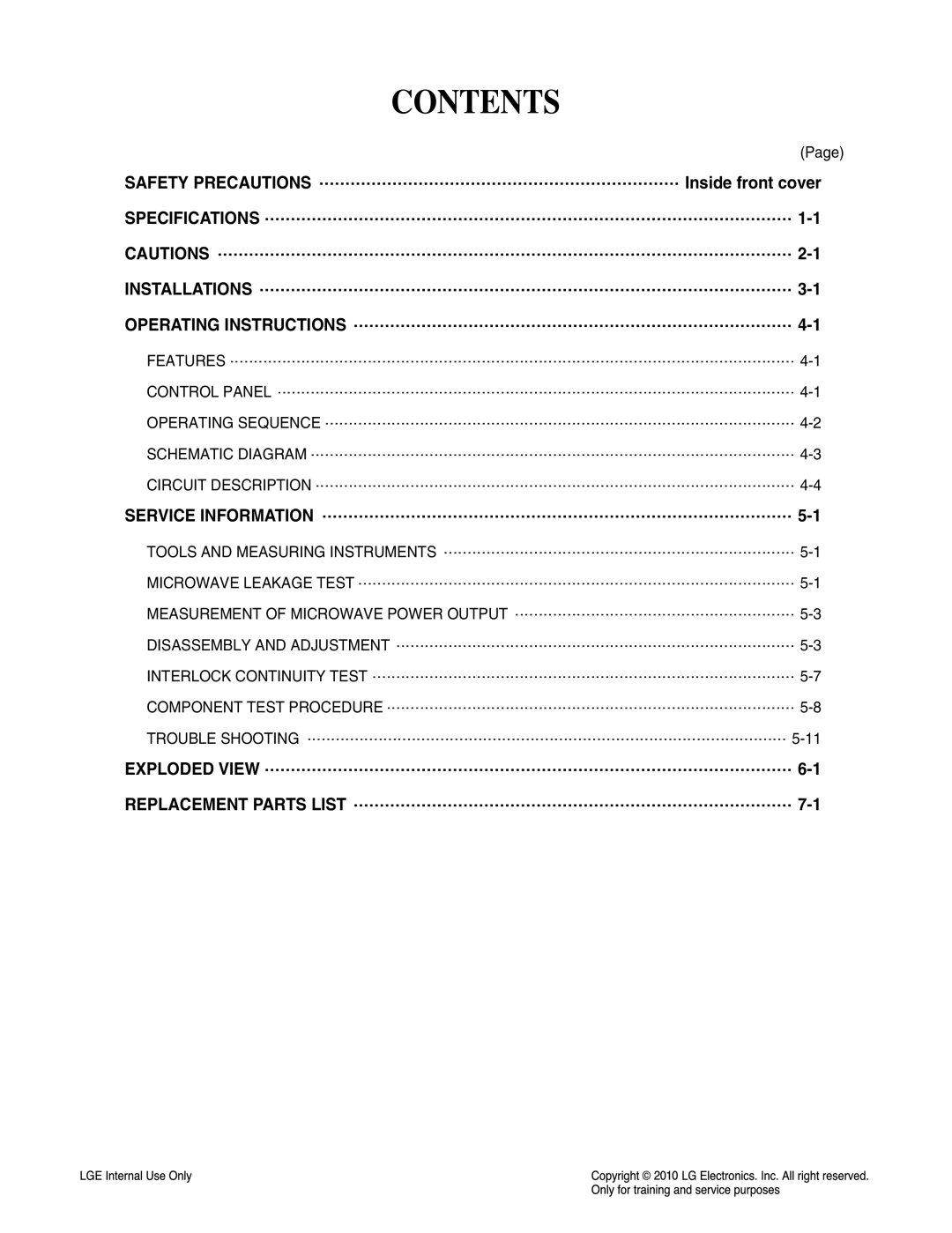 Frigidaire LCRT2010ST service manual Contents 