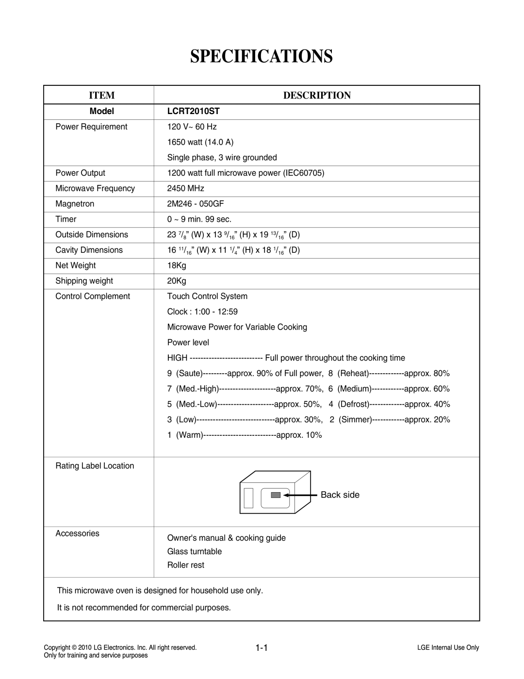 Frigidaire LCRT2010ST service manual Specifications, Description 