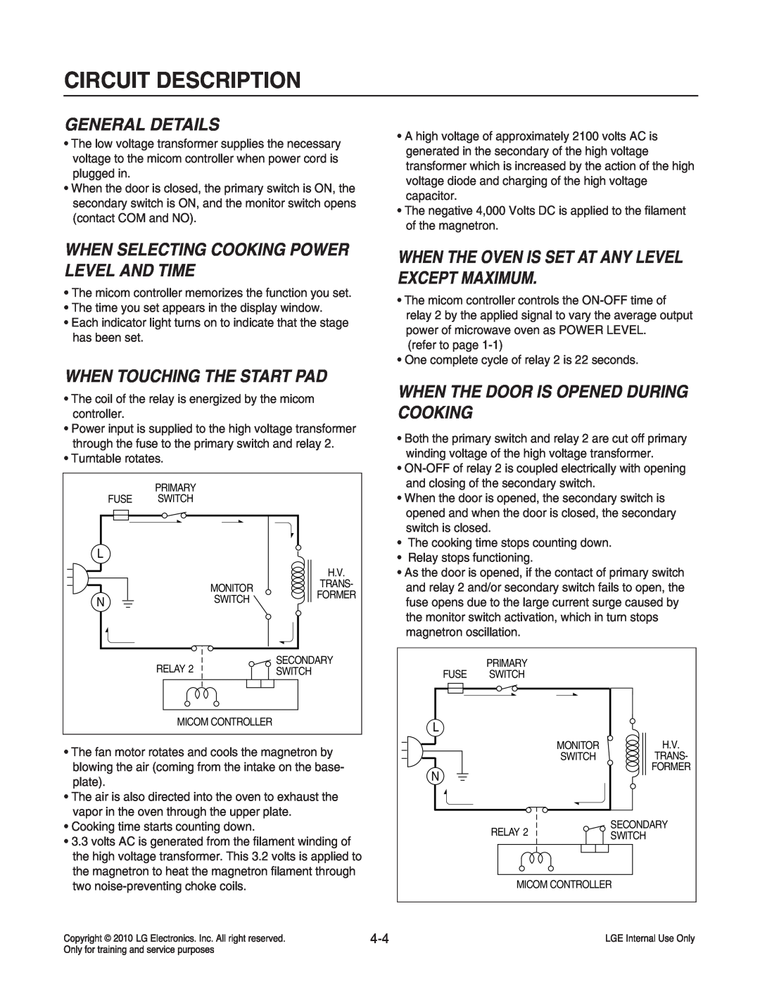 Frigidaire LCRT2010ST service manual Circuit Description, General Details, When Selecting Cooking Power Level And Time 