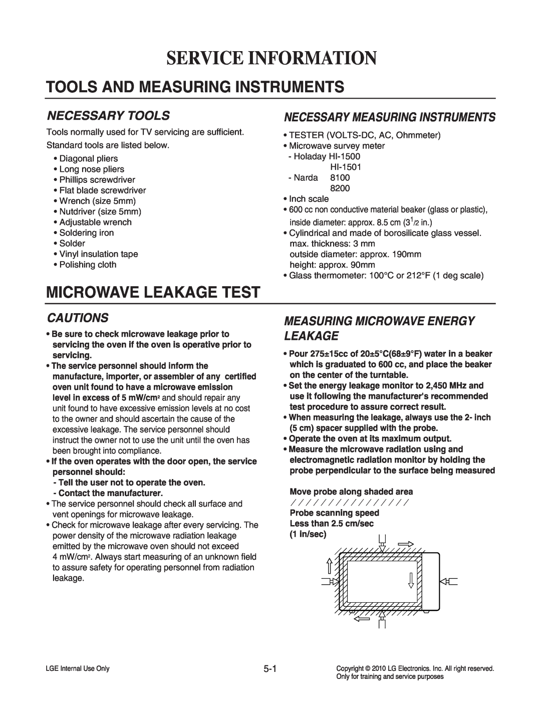 Frigidaire LCRT2010ST Service Information, Tools And Measuring Instruments, Microwave Leakage Test, Necessary Tools 