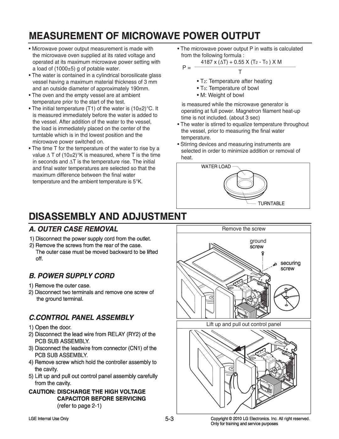 Frigidaire LCRT2010ST service manual Measurement Of Microwave Power Output, Disassembly And Adjustment, Pcb Sub Assembly 