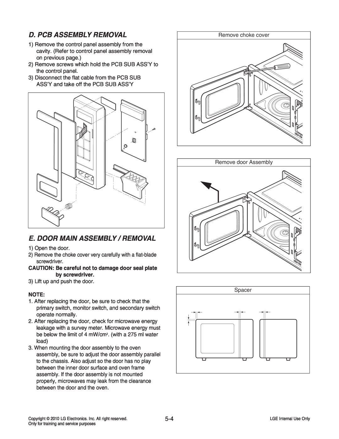 Frigidaire LCRT2010ST service manual D. Pcb Assembly Removal, E. Door Main Assembly / Removal 