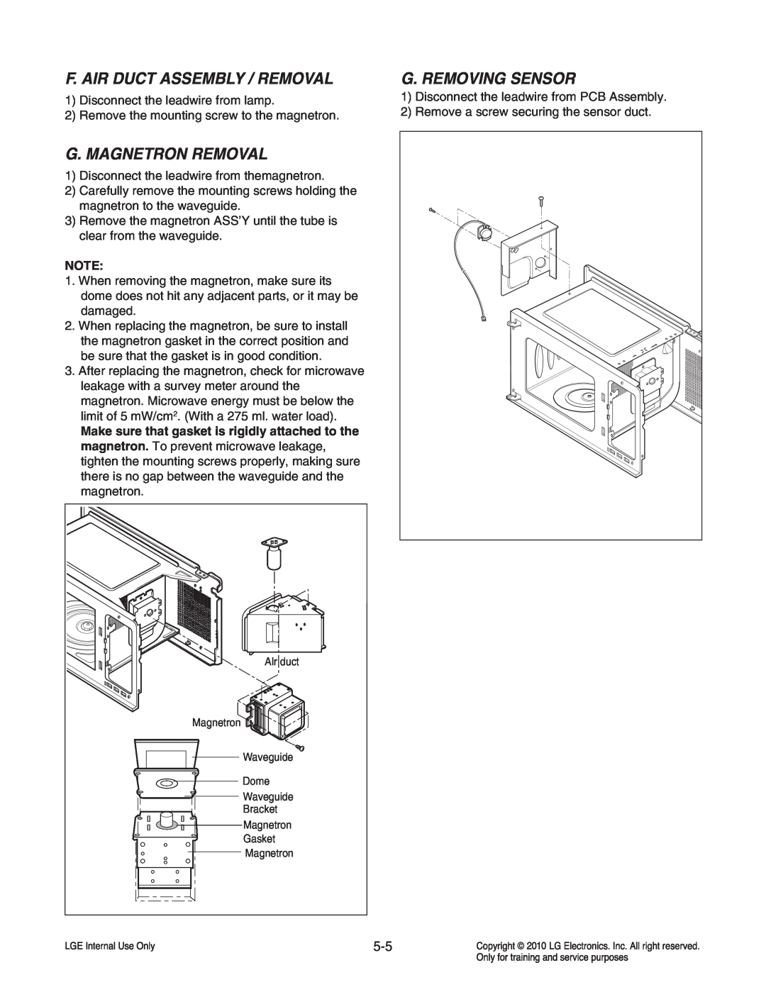 Frigidaire LCRT2010ST service manual F. Air Duct Assembly / Removal, G. Magnetron Removal, G. Removing Sensor 