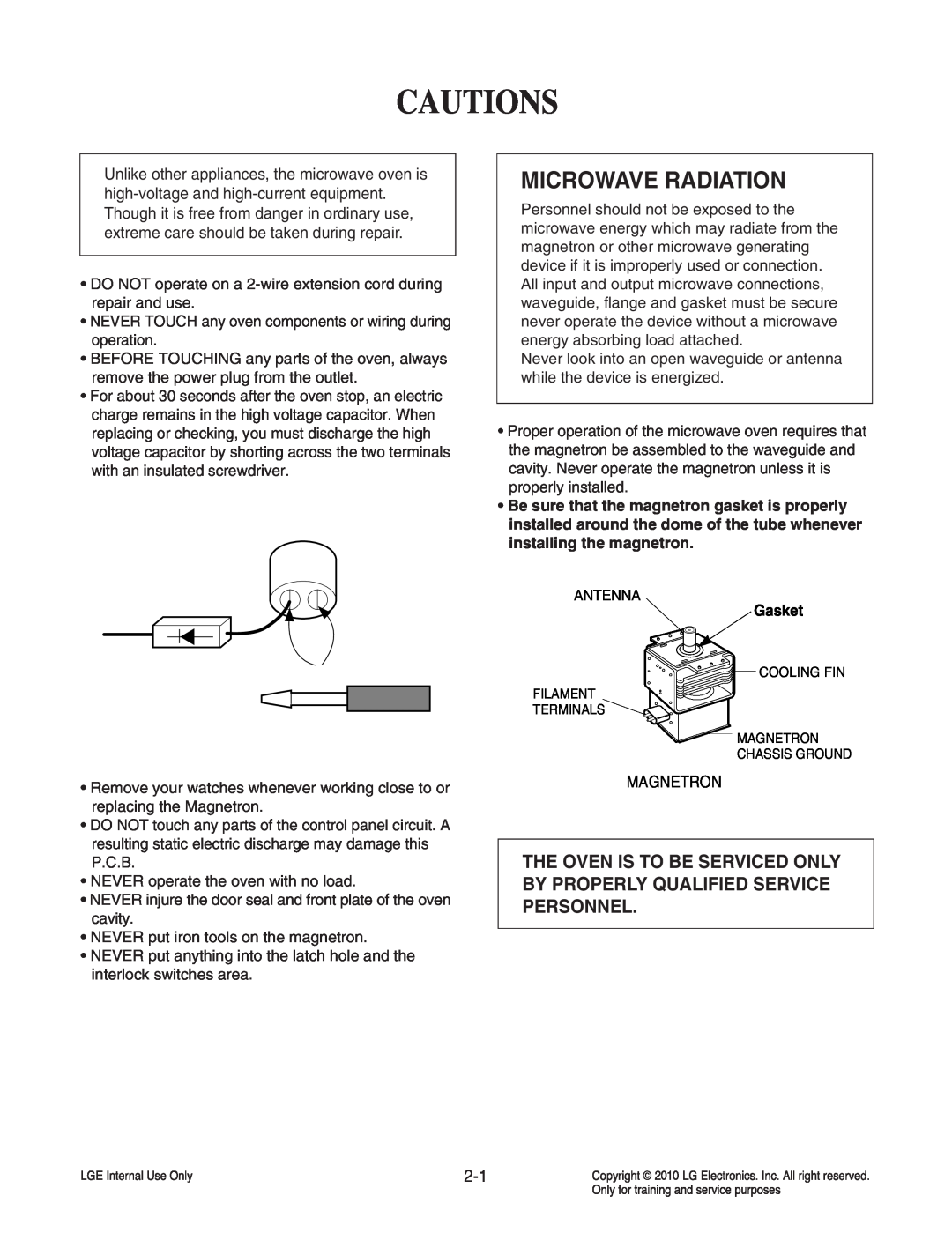 Frigidaire LCRT2010ST service manual Cautions, Microwave Radiation, Magnetron, Gasket 