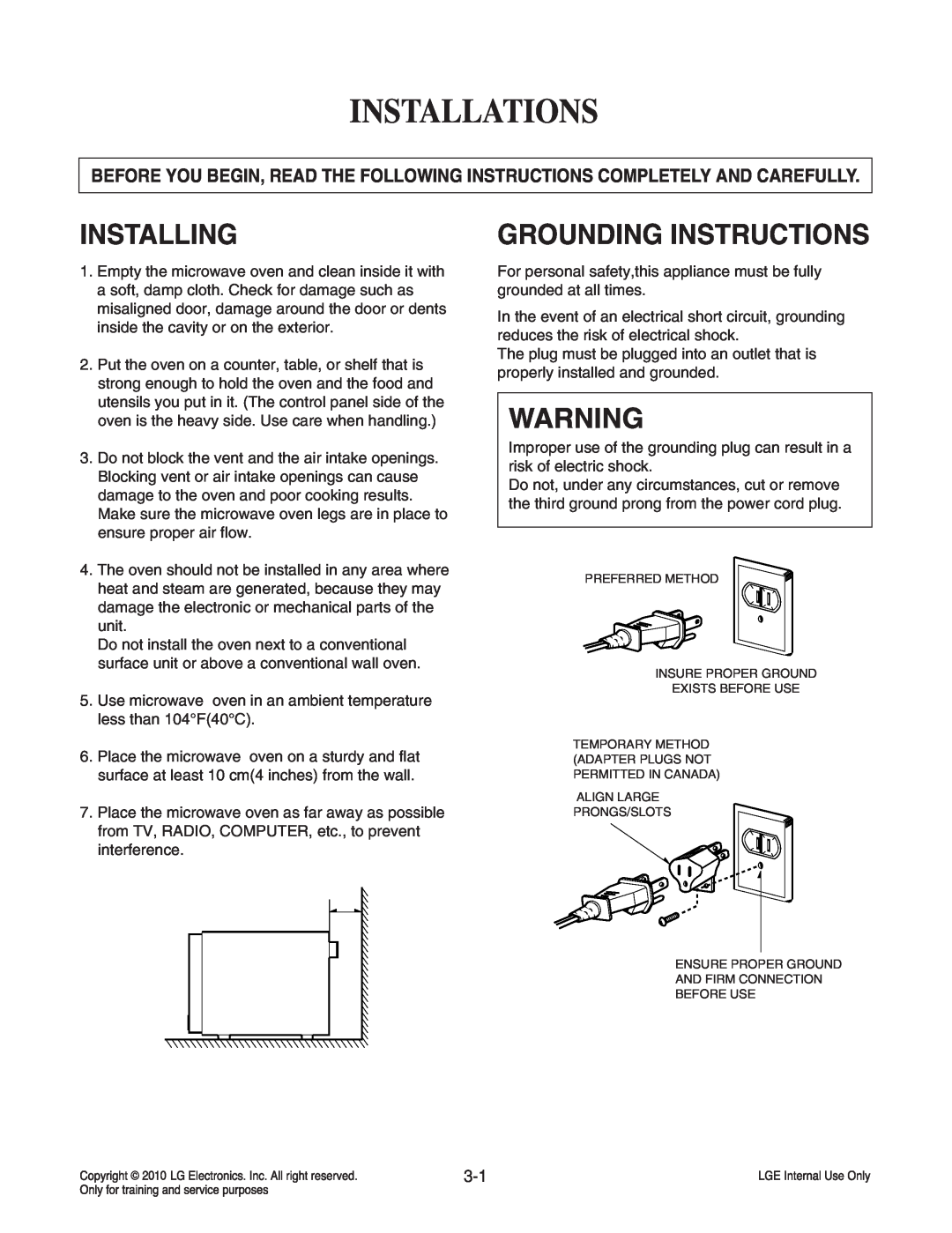 Frigidaire LCRT2010ST service manual Installations, Installing, Grounding Instructions 