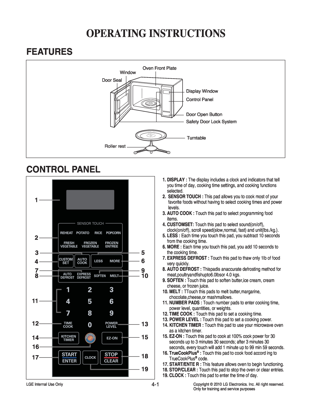 Frigidaire LCRT2010ST service manual Operating Instructions, Features, Control Panel 