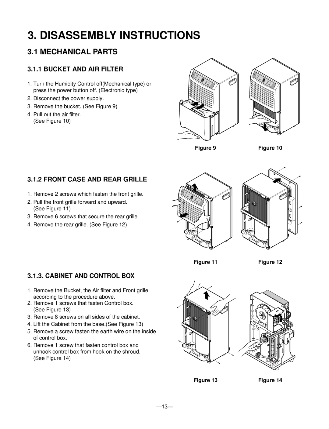 Frigidaire LD40EY5, LD65ELY5 Mechanical Parts, Bucket and AIR Filter, Front Case and Rear Grille, Cabinet and Control BOX 