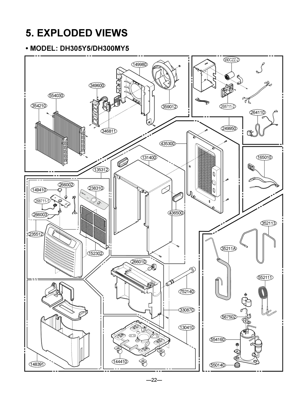 Frigidaire LD65ELY5, DH300EY5, LD40EY5, DH400MY5, DH400EY5, LD40Y5, LD50ELY5, DH504ELY5 Exploded Views, Model DH305Y5/DH300MY5 