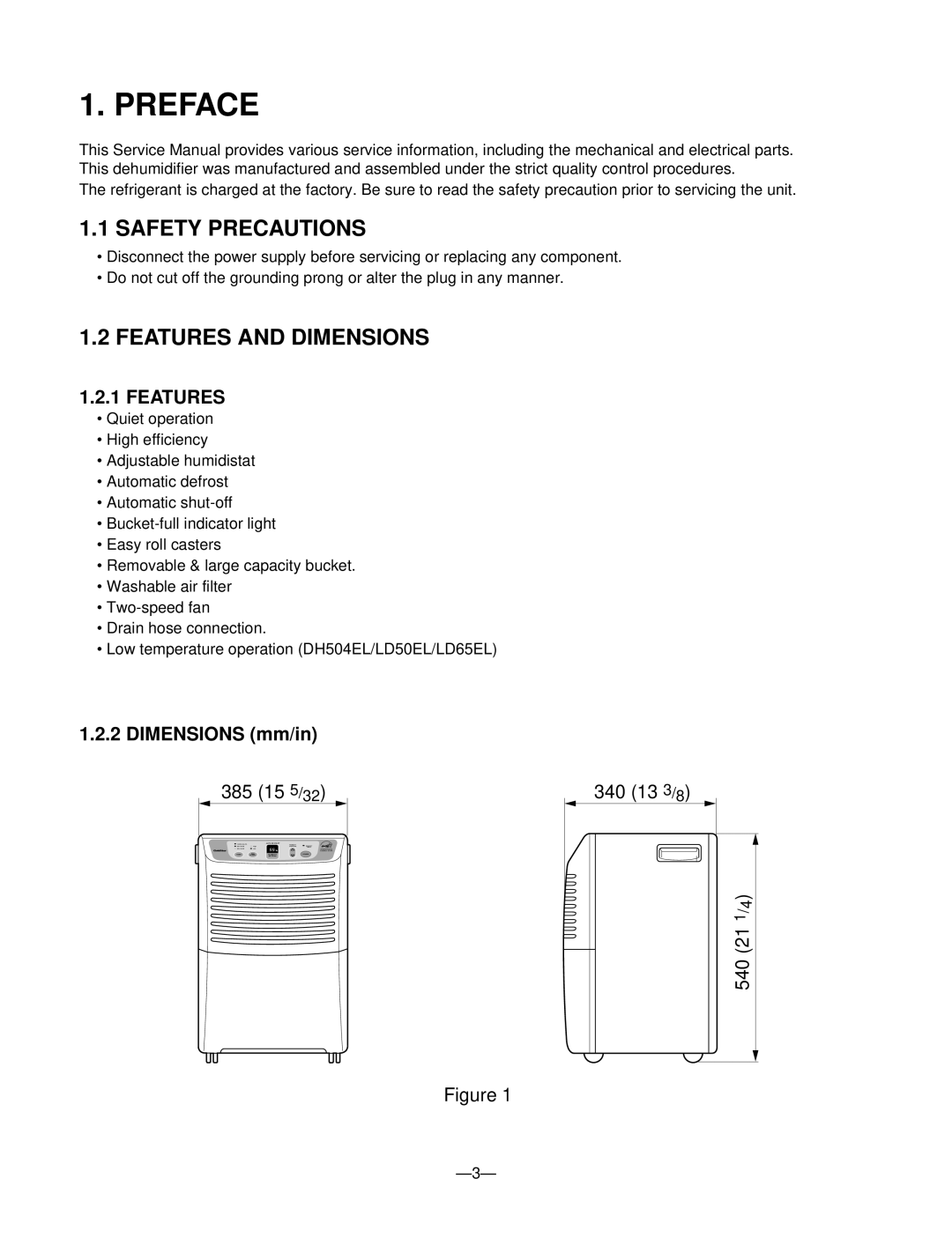 Frigidaire DH400MY5, LD65ELY5, DH300EY5, LD40EY5, DH400EY5, LD40Y5, LD50ELY5 Safety Precautions, Features and Dimensions 