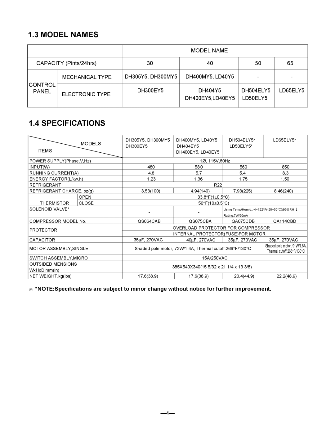 Frigidaire DH400EY5, LD65ELY5, DH300EY5, LD40EY5, DH400MY5, LD40Y5, LD50ELY5, DH504ELY5, DH404EY5 Model Names, Specifications 