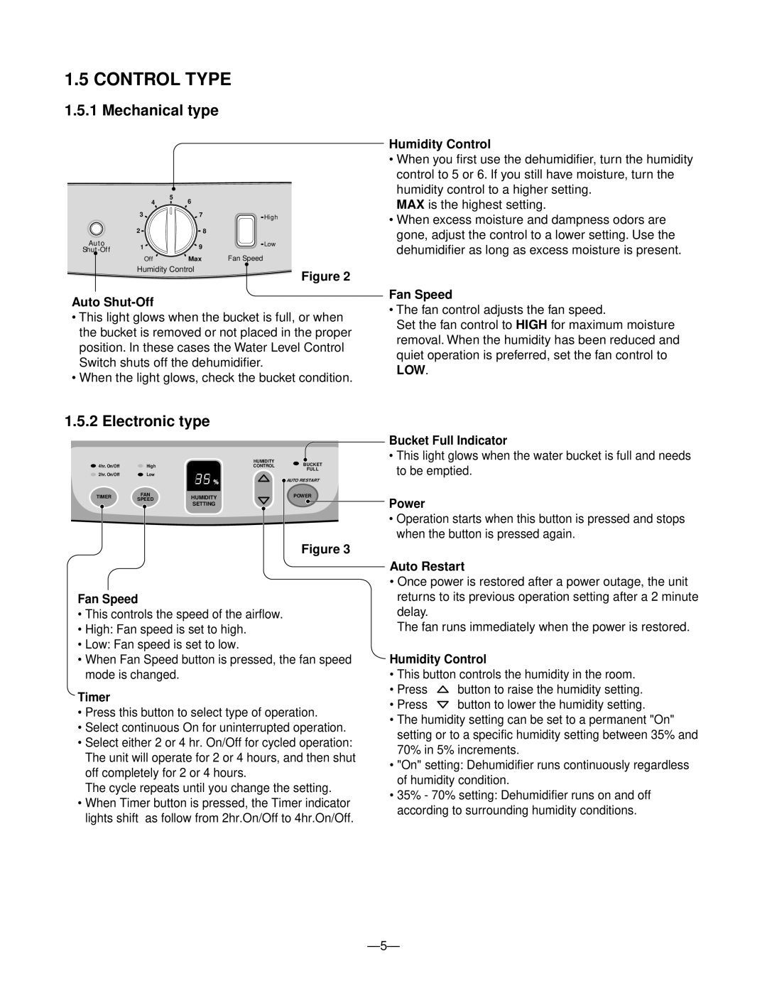 Frigidaire LD40Y5, LD65ELY5, DH300EY5, LD40EY5, DH400MY5, DH400EY5, LD50ELY5, DH504ELY5, DH404EY5 Control Type, Mechanical type 