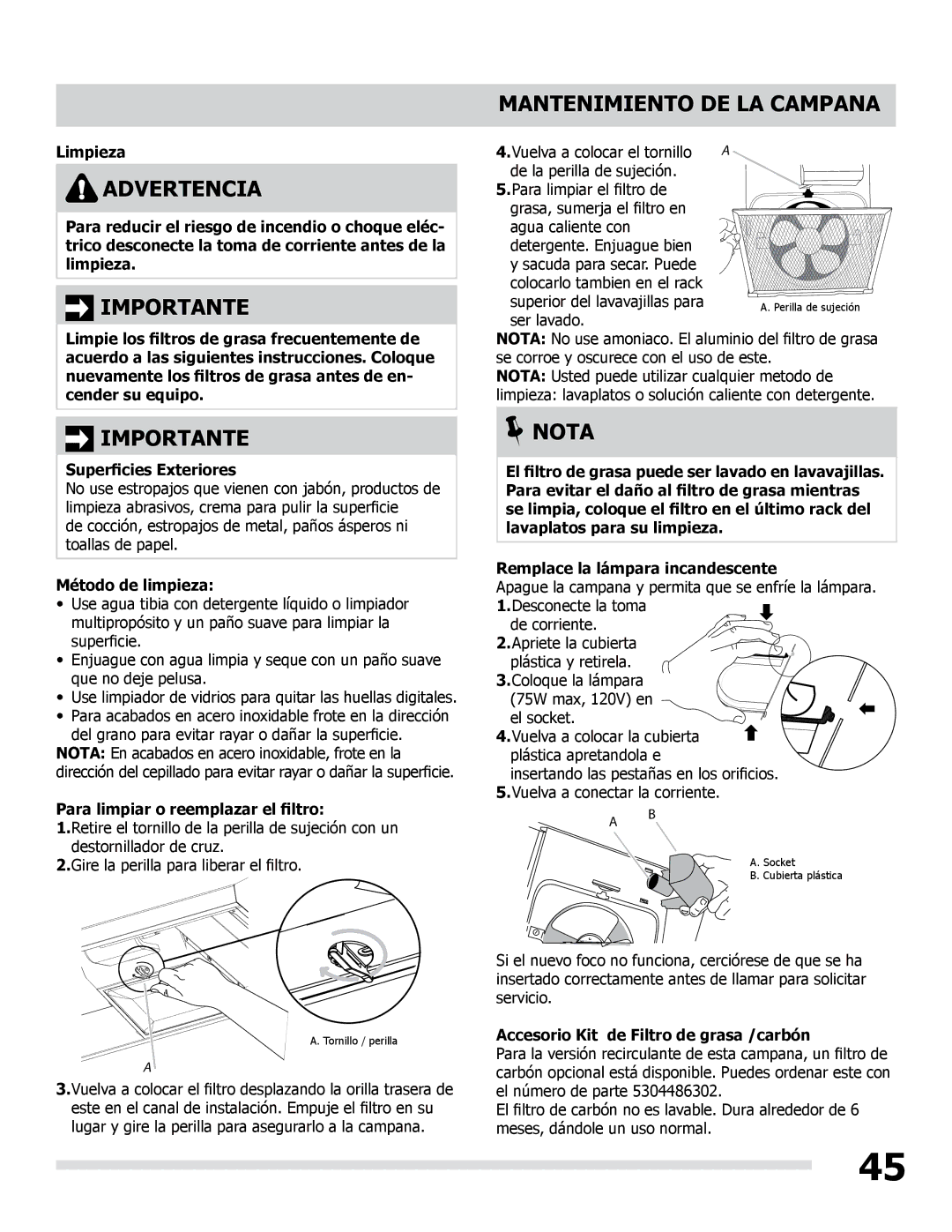 Frigidaire LI30KC manual Mantenimiento DE LA Campana 