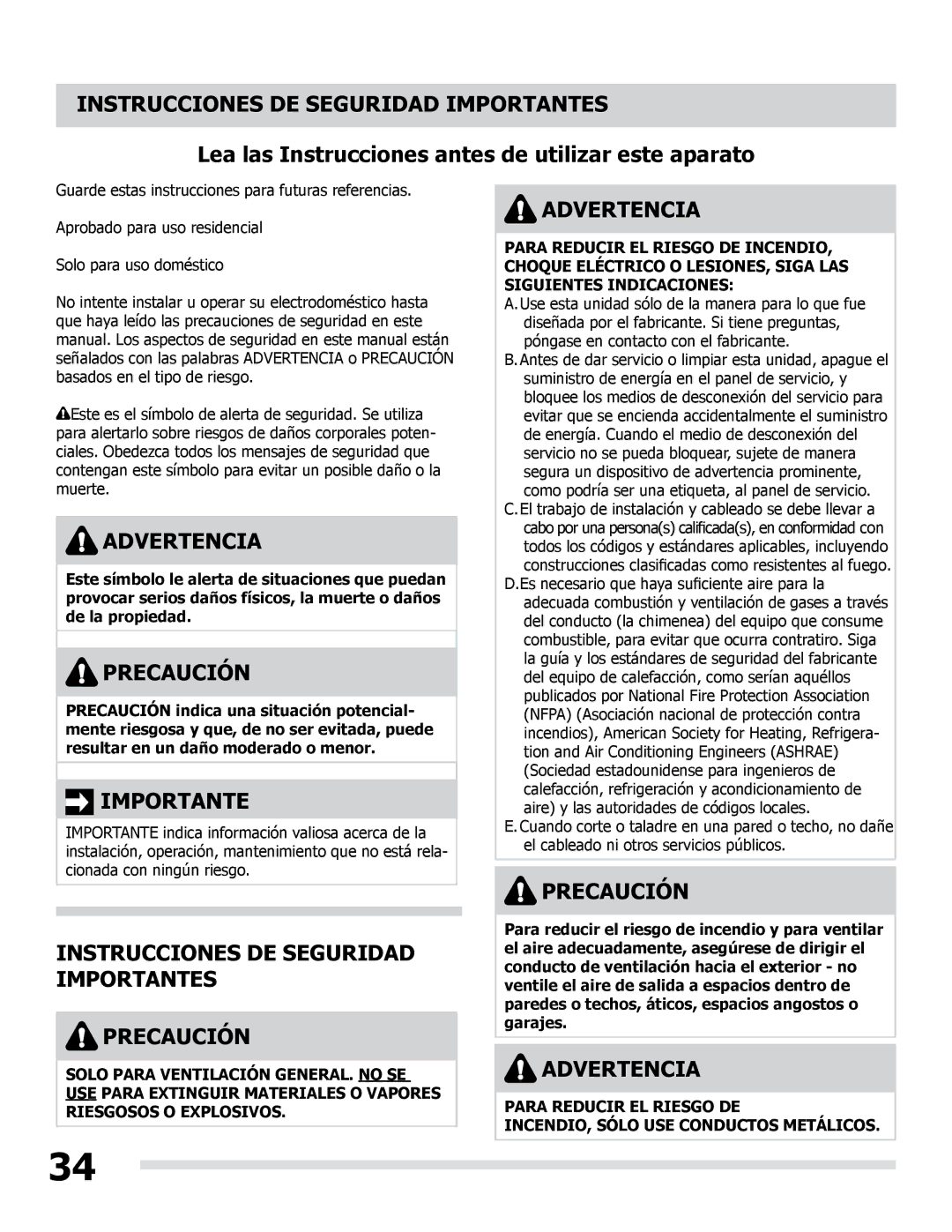 Frigidaire LI30KC manual Instrucciones DE Seguridad Importantes, Advertencia, Precaución 