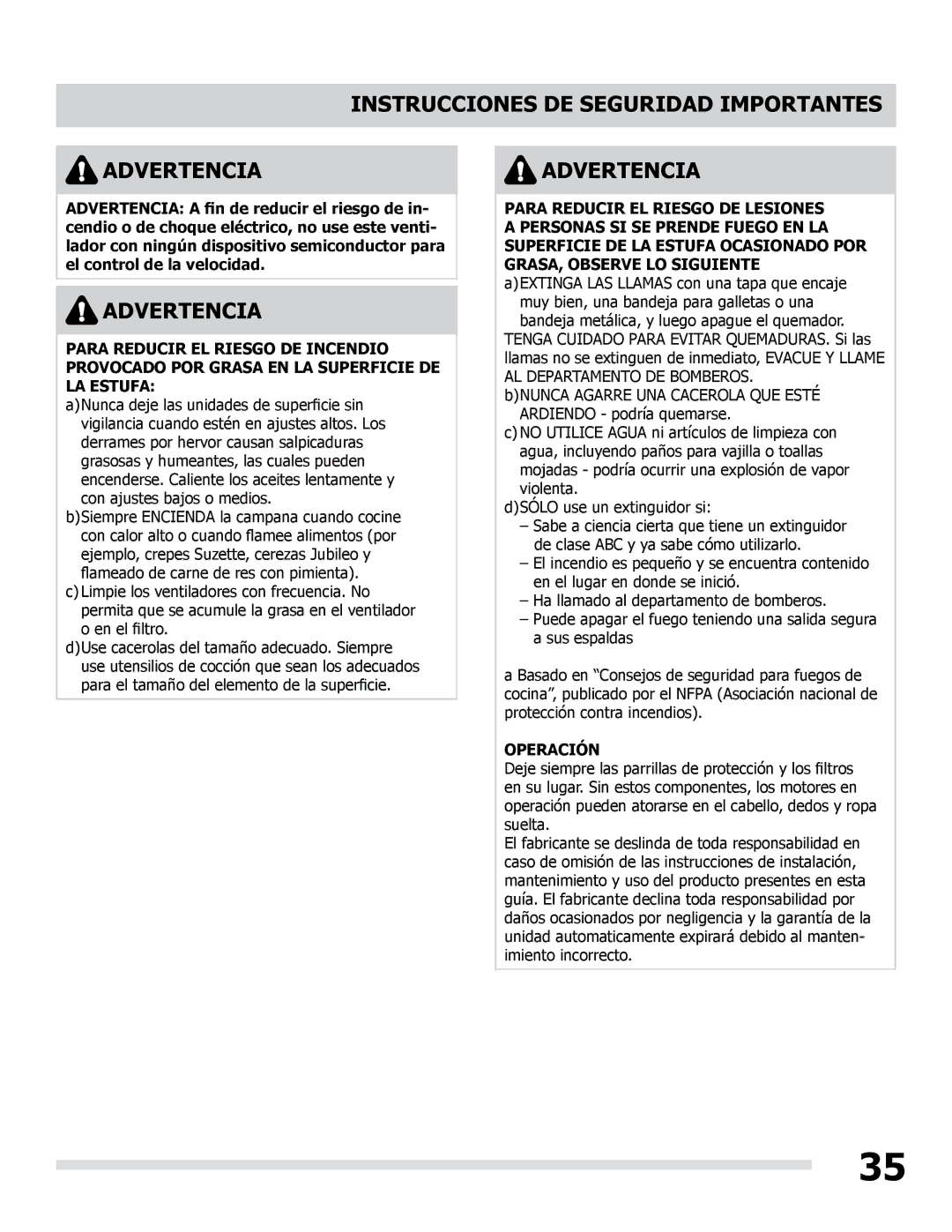 Frigidaire LI30KC manual Instrucciones DE Seguridad Importantes Advertencia, Operación 