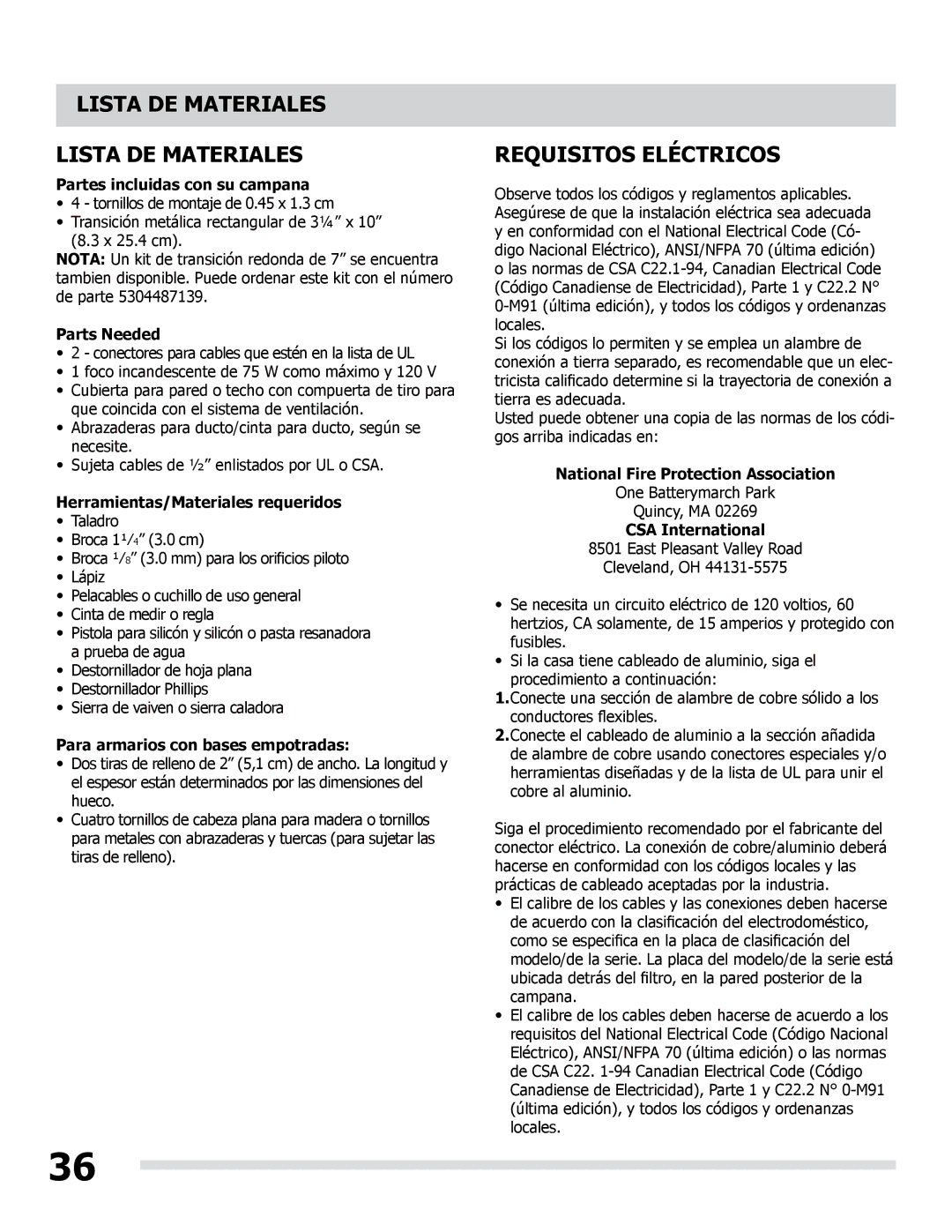 Frigidaire LI30KC manual Lista DE Materiales, Requisitos Eléctricos 