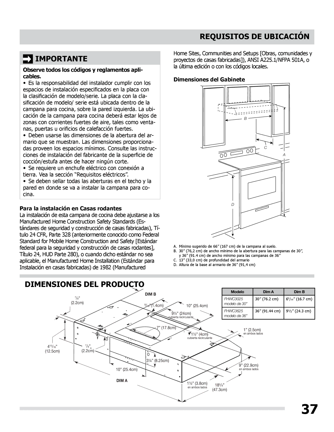 Frigidaire LI30KC Requisitos DE Ubicación, Dimensiones DEL Producto, Observe todos los códigos y reglamentos apli- cables 