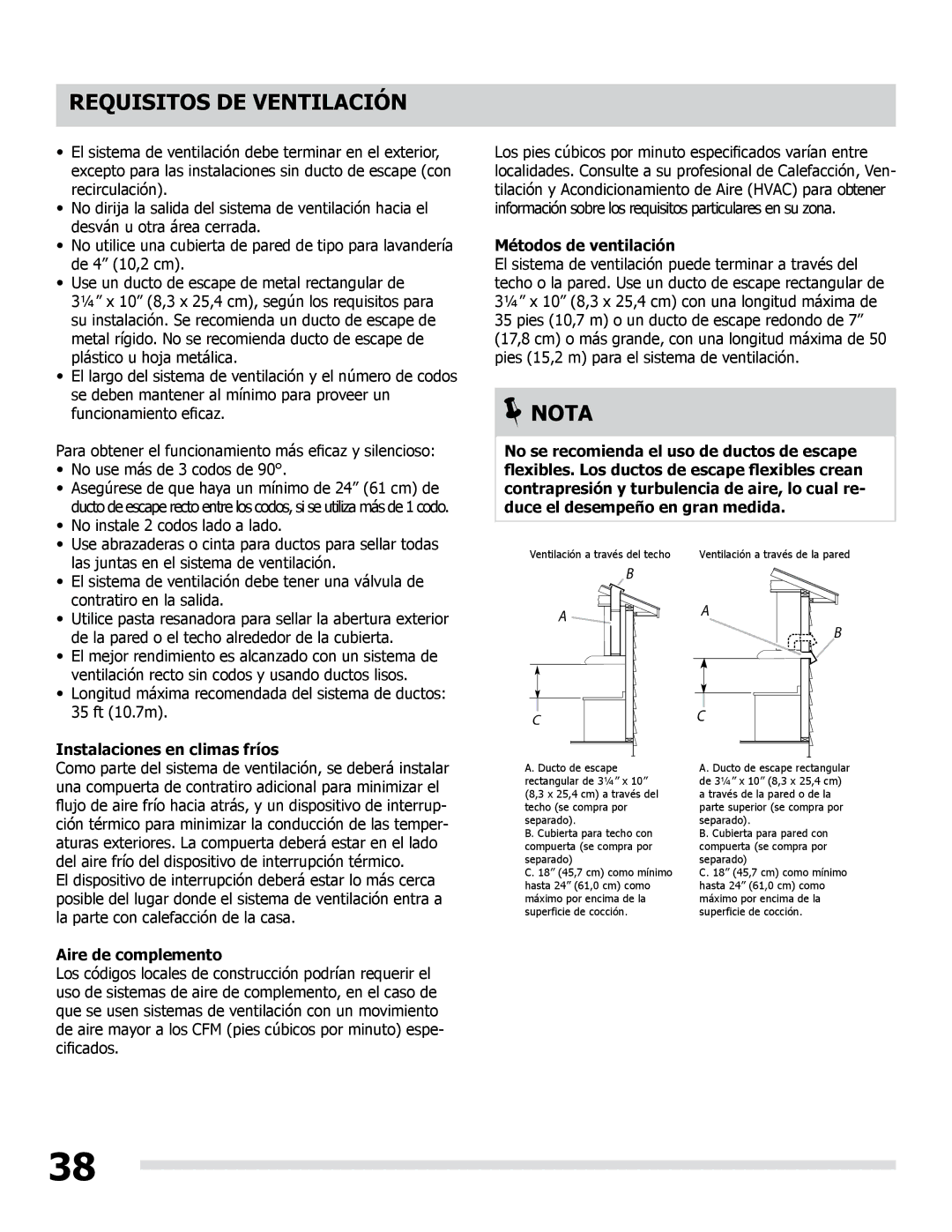 Frigidaire LI30KC manual Requisitos DE Ventilación, Nota, Métodos de ventilación, Instalaciones en climas fríos 