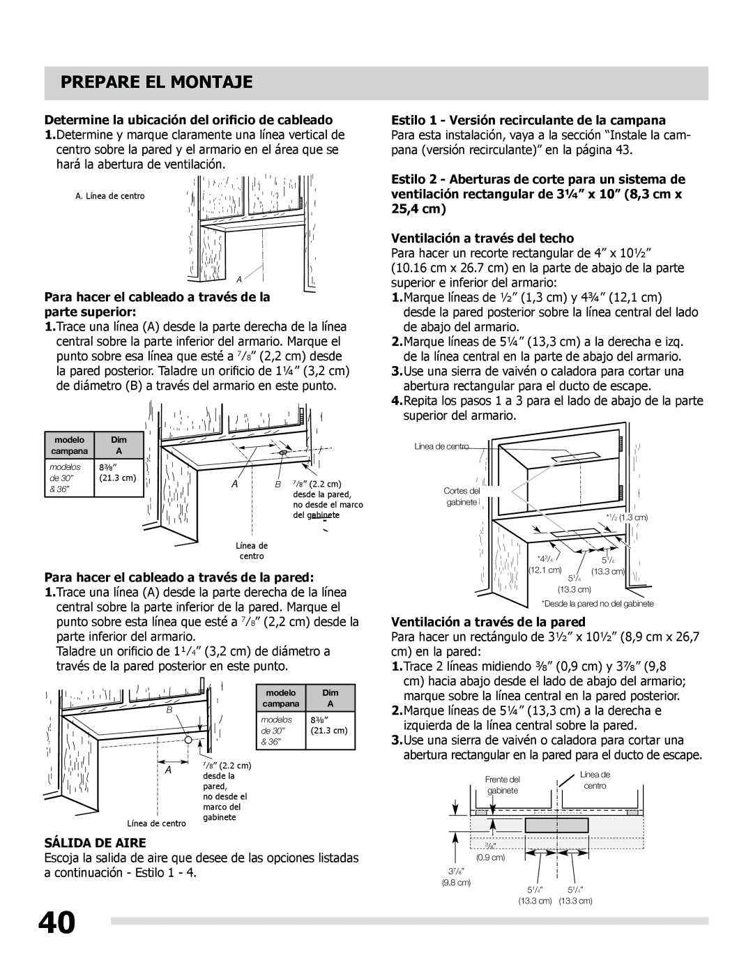 Frigidaire LI30KC Prepare EL Montaje, Determine la ubicación del orificio de cableado, Ventilación a través de la pared 