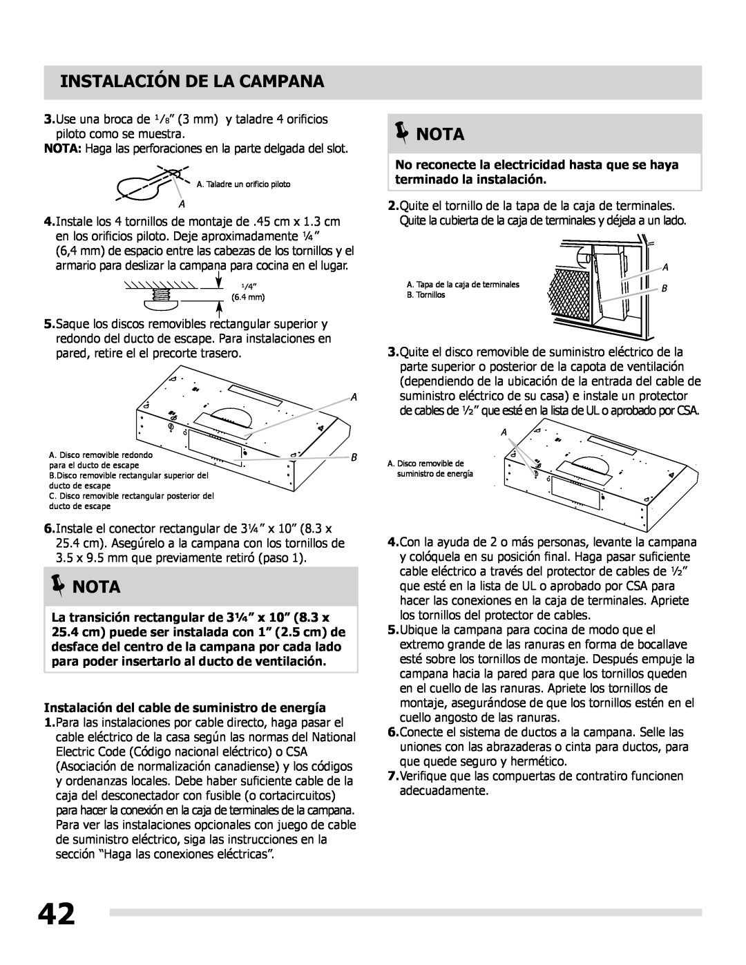 Frigidaire LI30KC manual Instalación De La Campana, La transición rectangular de 3¼” x 10”, Nota 