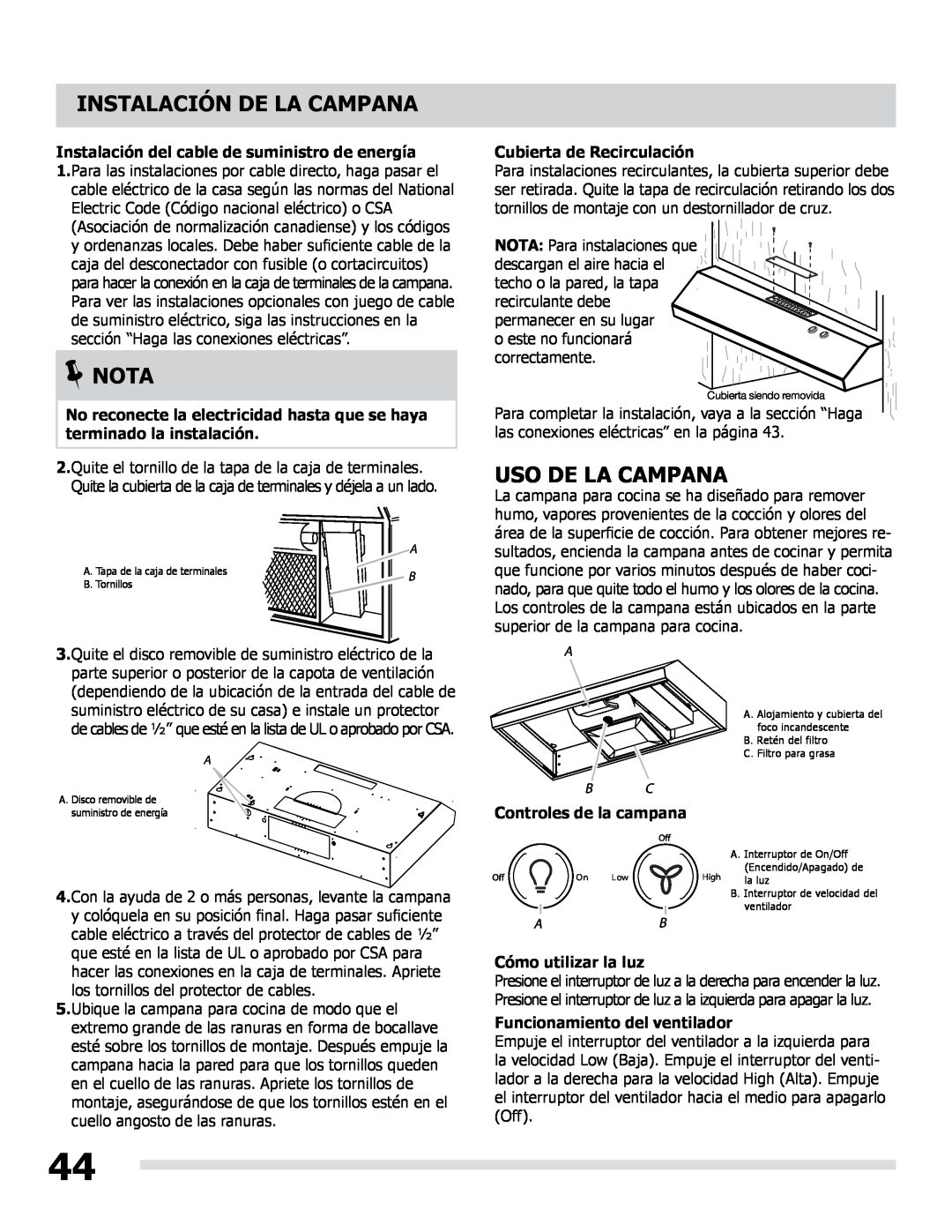 Frigidaire LI30KC manual Uso De La Campana, Cubierta de Recirculación, Controles de la campana, Cómo utilizar la luz, Nota 