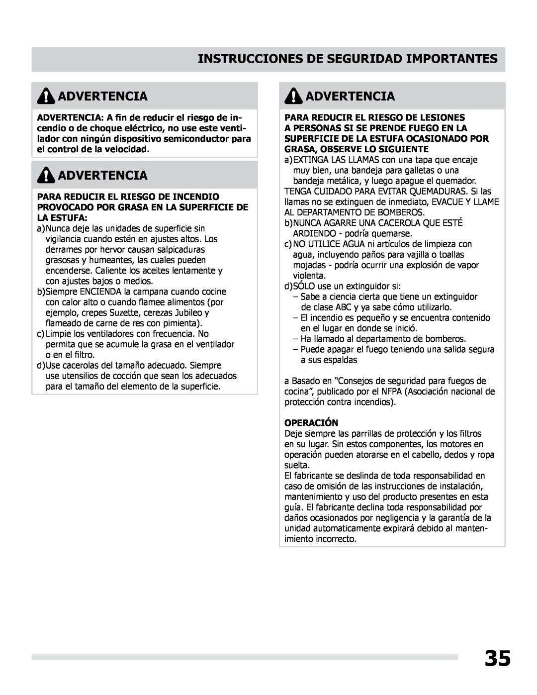 Frigidaire LI30KC manual Operación, Instrucciones De Seguridad Importantes, Advertencia 