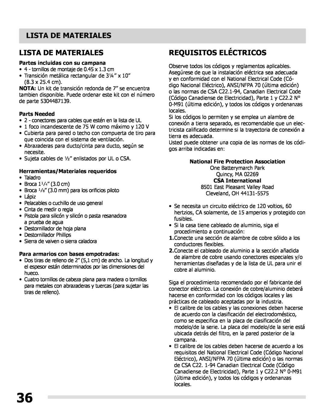 Frigidaire LI30KC manual Lista De Materiales Lista De Materiales, Requisitos Eléctricos, Partes incluidas con su campana 