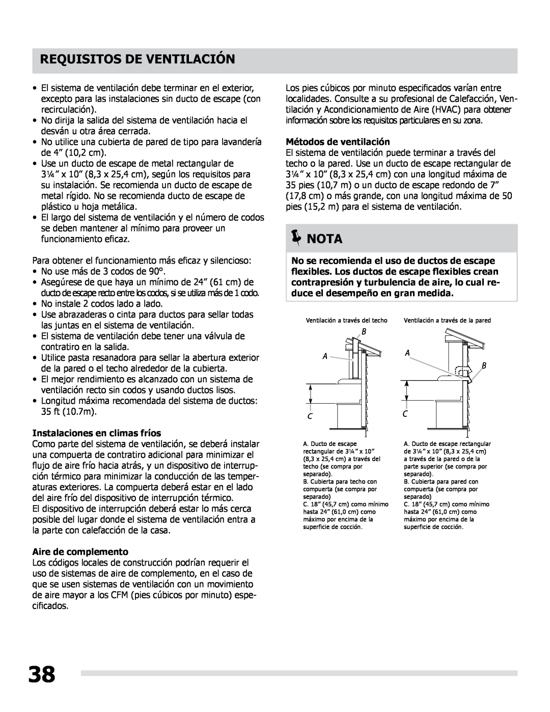 Frigidaire LI30KC manual Requisitos De Ventilación, Nota, No use más de 3 codos de, No instale 2 codos lado a lado, A B C 