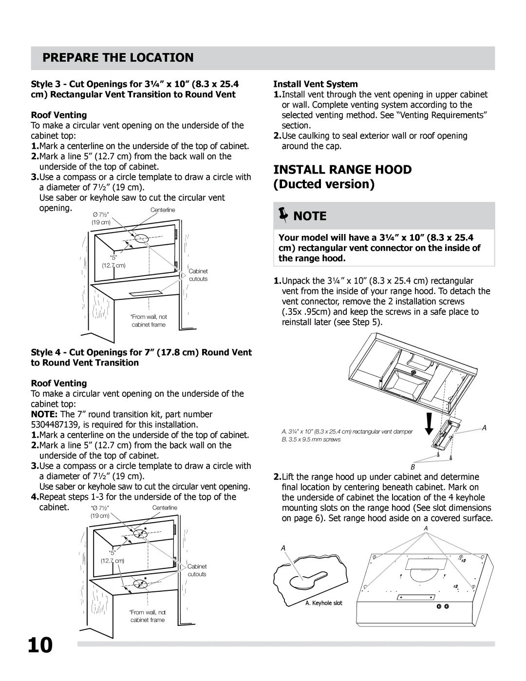 Frigidaire LI30KC/316902495 manual Install Range Hood Ducted version, Install Vent System 