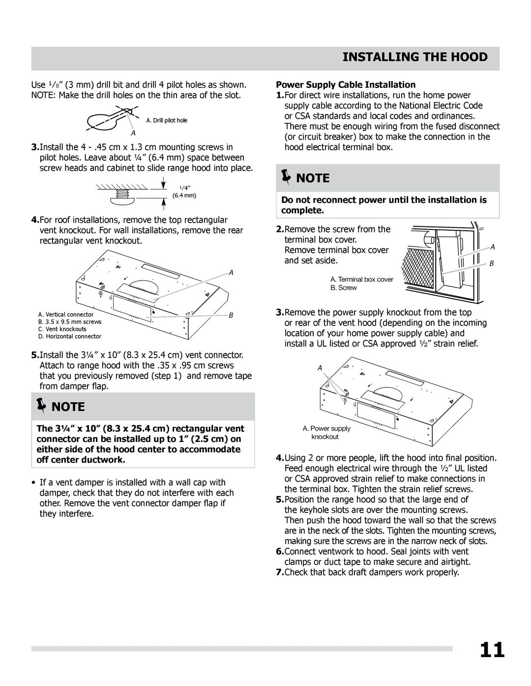 Frigidaire LI30KC/316902495 manual Installing the Hood, Power Supply Cable Installation 