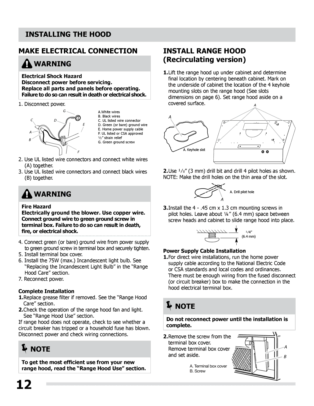 Frigidaire LI30KC/316902495 manual Installing the Hood Make Electrical Connection, Complete Installation 