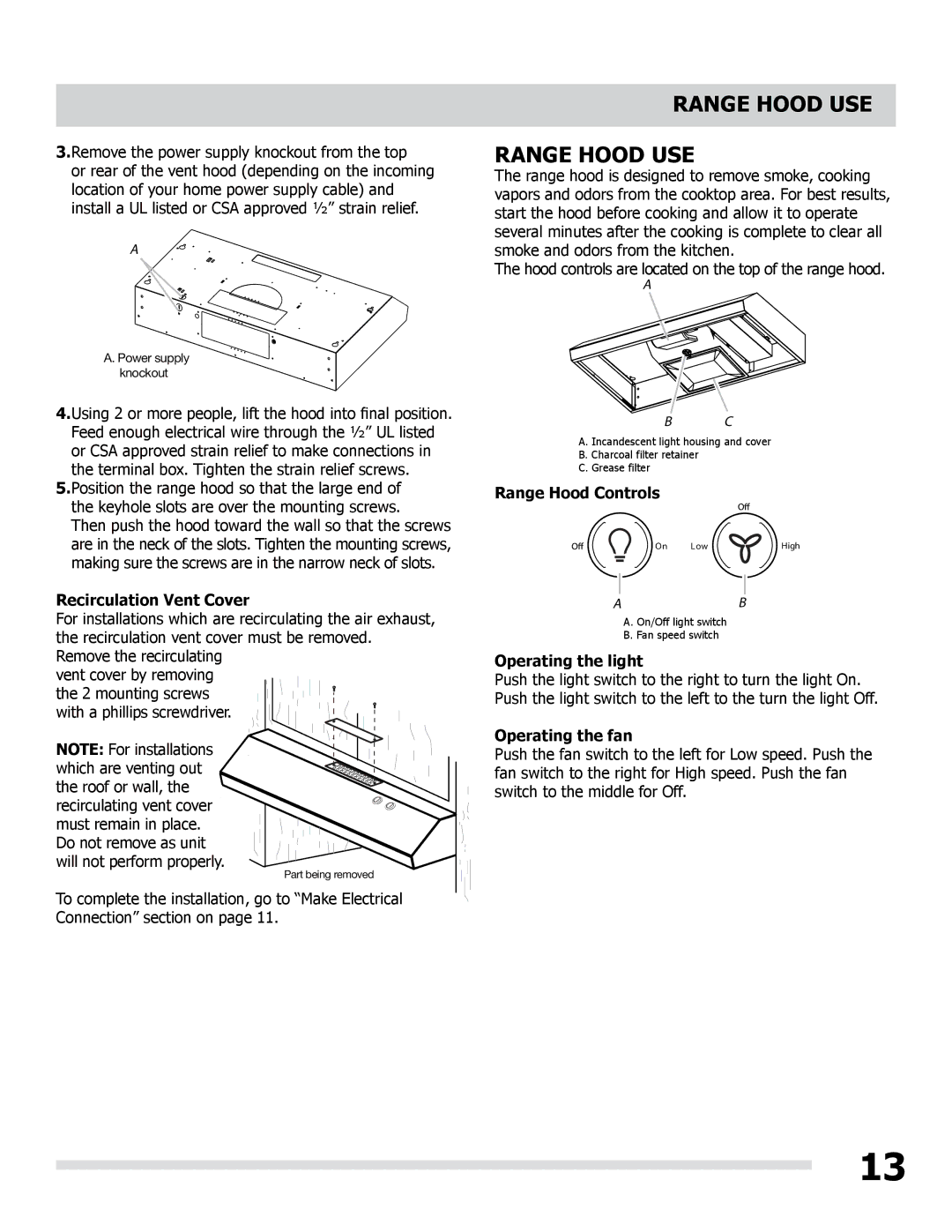 Frigidaire LI30KC/316902495 manual Range Hood USE, Recirculation Vent Cover, Range Hood Controls, Operating the light 