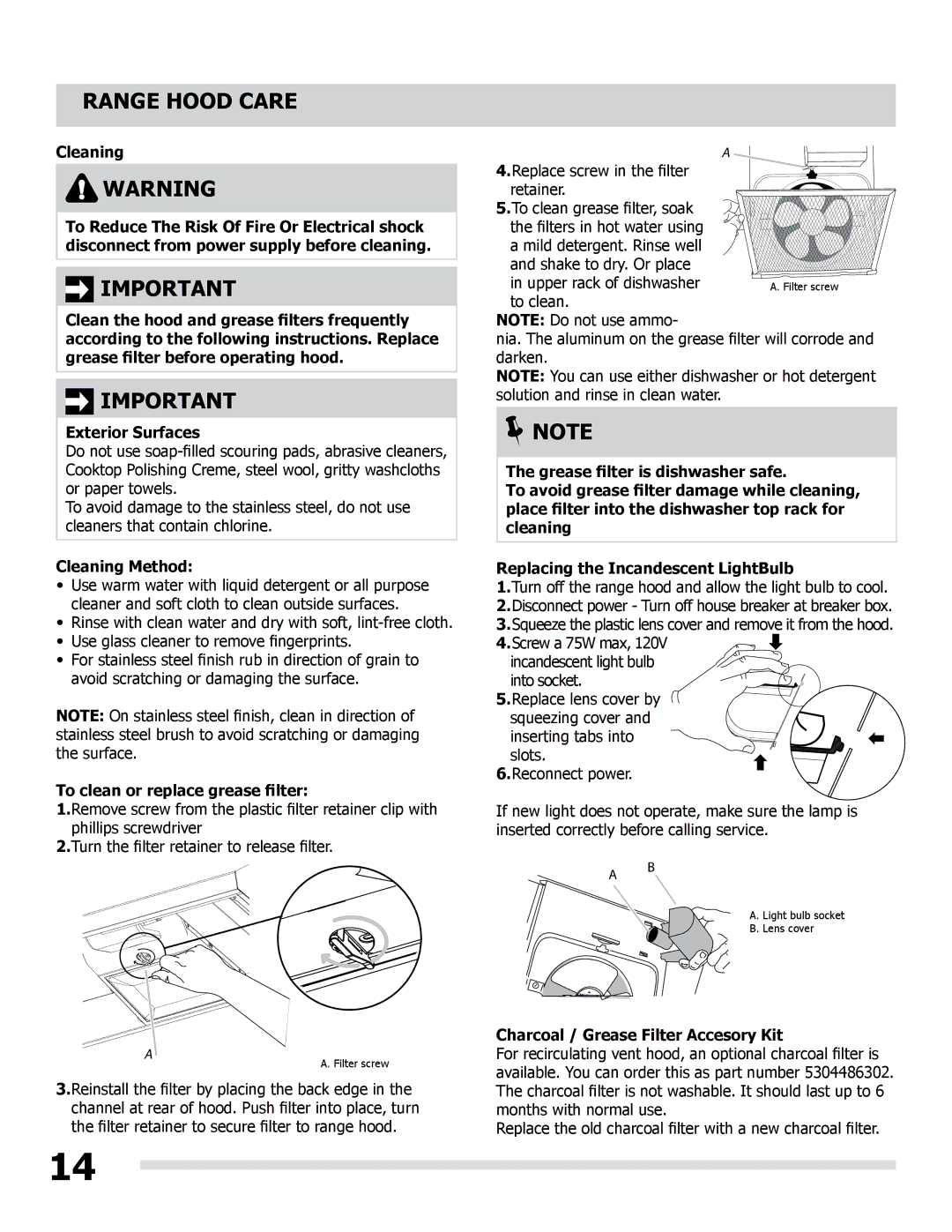 Frigidaire LI30KC/316902495 manual Range Hood Care, Cleaning Method, To clean or replace grease filter 