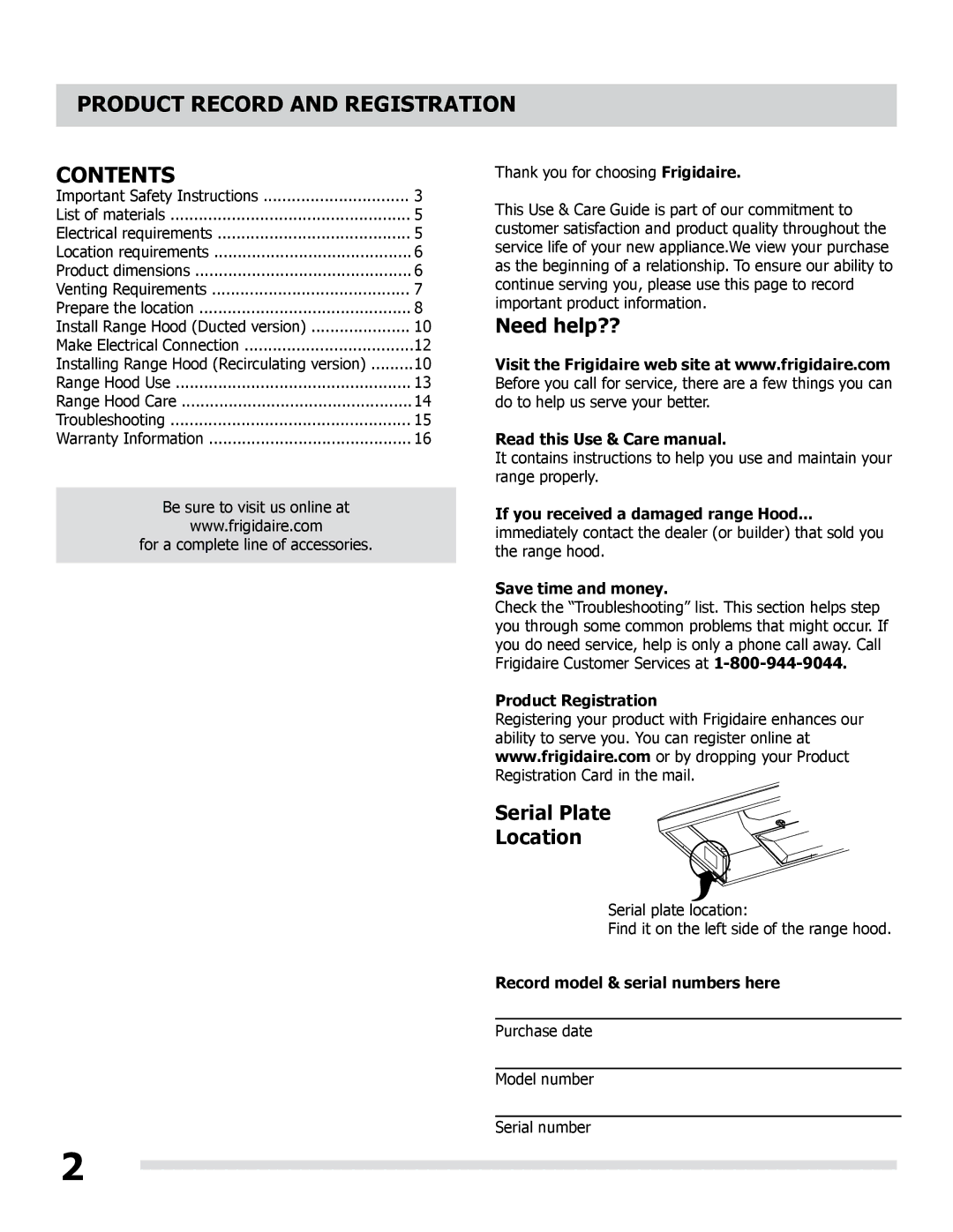 Frigidaire LI30KC/316902495 manual Product Record and Registration Contents 