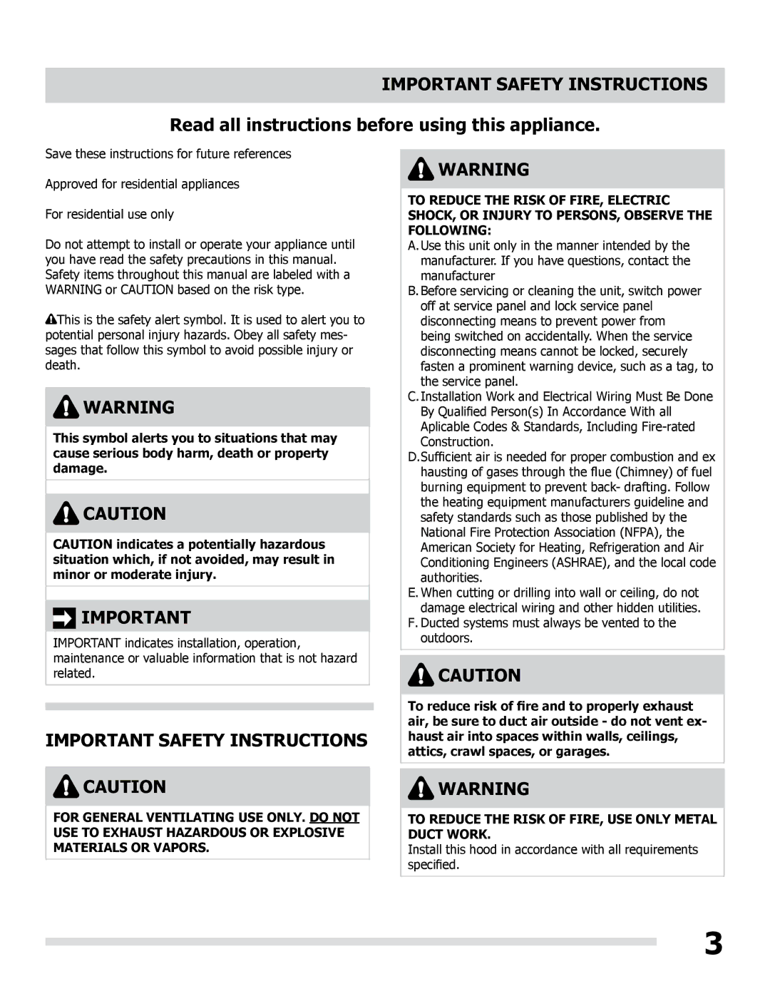 Frigidaire LI30KC/316902495 manual Important Safety Instructions, Read all instructions before using this appliance 