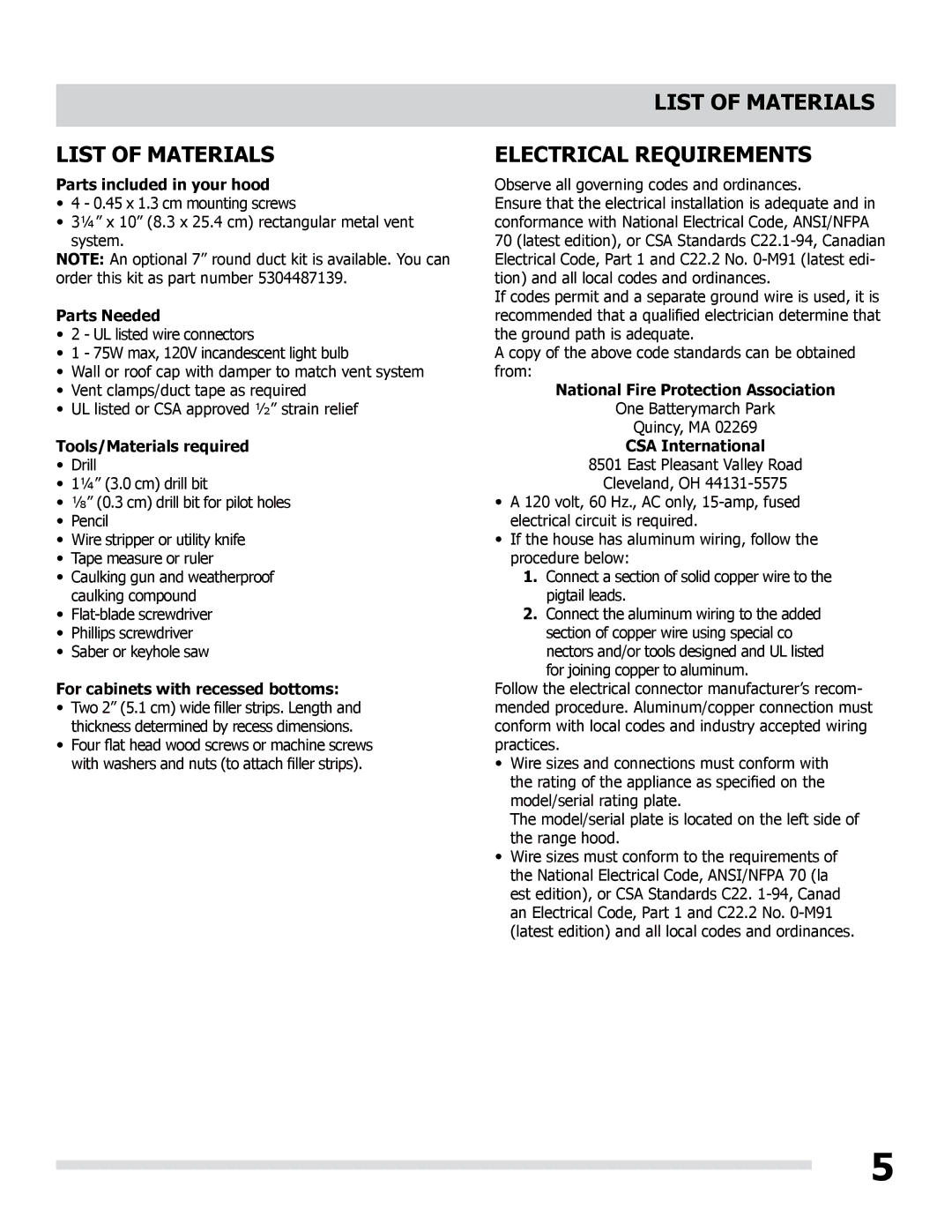 Frigidaire LI30KC/316902495 manual List of Materials Electrical Requirements 