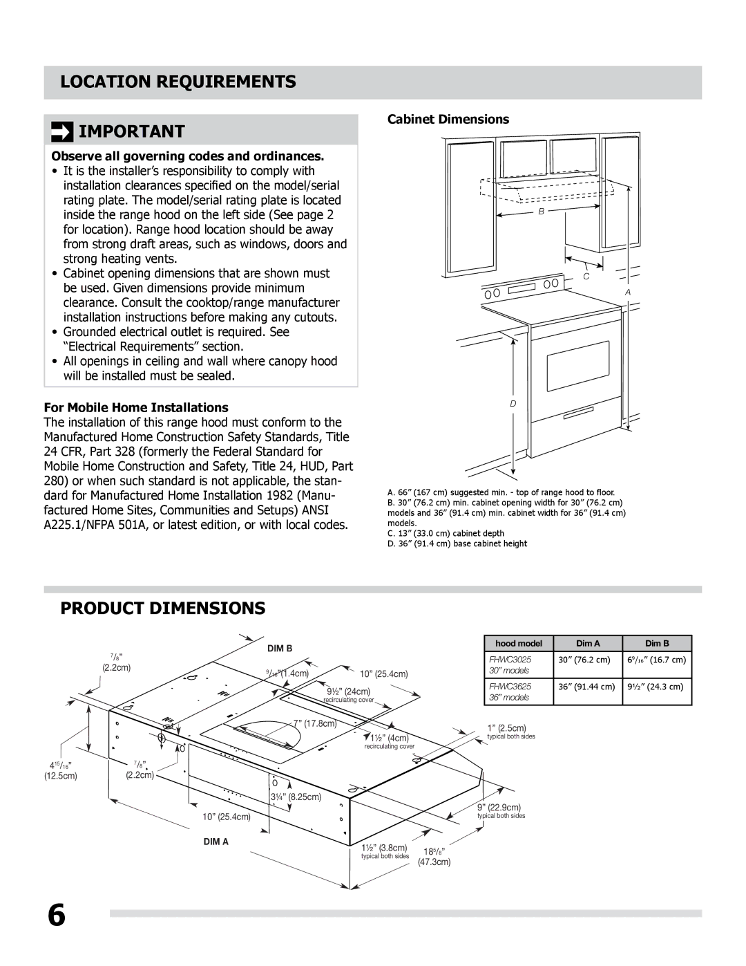 Frigidaire LI30KC/316902495 manual Location Requirements, Product Dimensions, Observe all governing codes and ordinances 