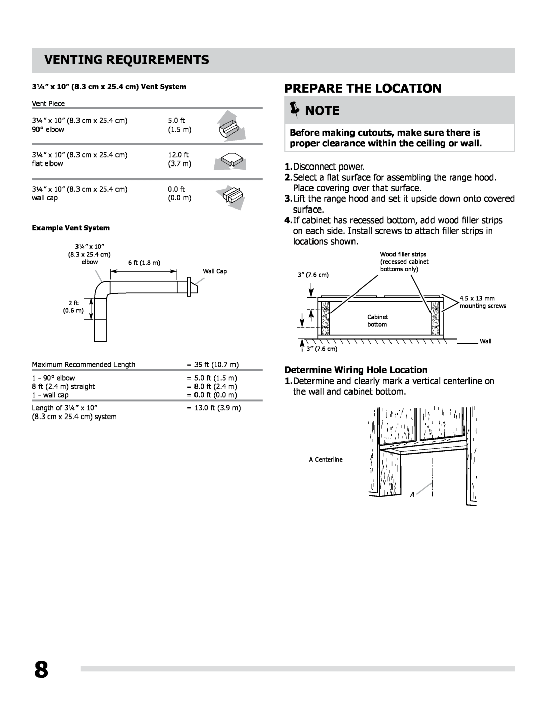 Frigidaire LI30KC/316902495 manual Prepare The Location, Determine Wiring Hole Location, Venting Requirements 