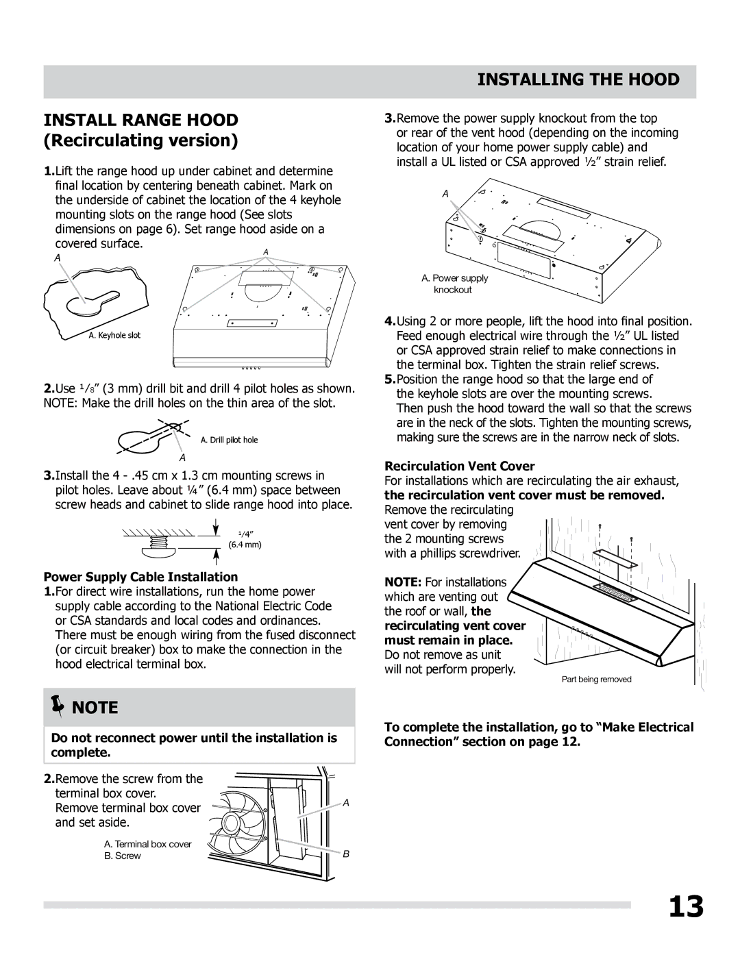 Frigidaire LI30MB manual Do not reconnect power until the installation is complete, Recirculation Vent Cover 