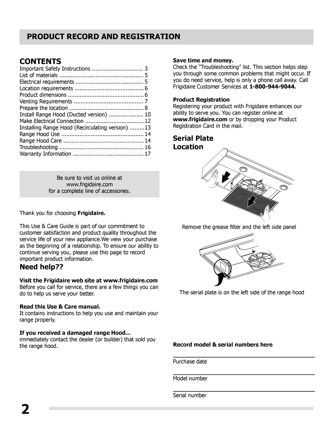 Frigidaire LI30MB manual Product Record and Registration Contents 