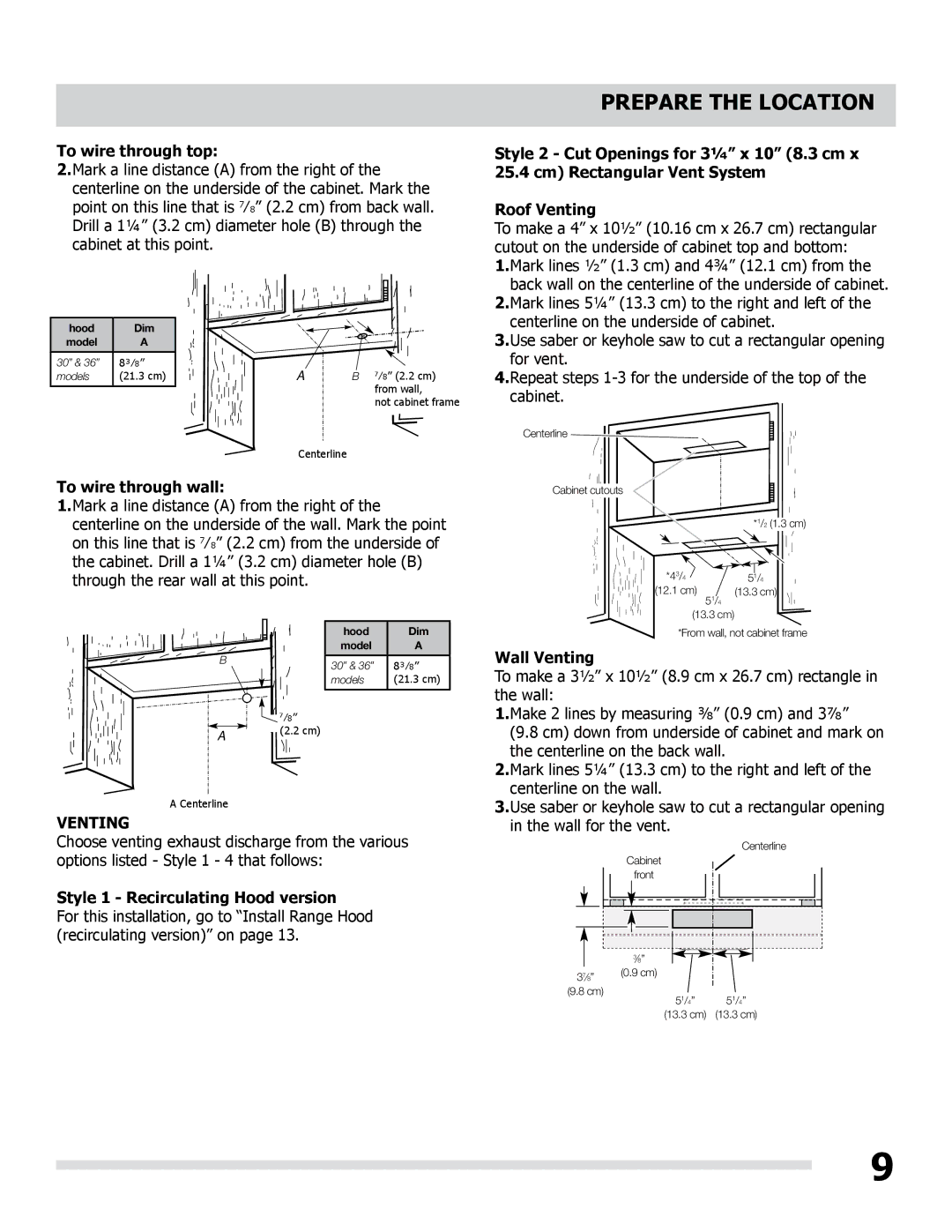 Frigidaire LI30MB manual To wire through top, To wire through wall, Wall Venting, Style 1 Recirculating Hood version 