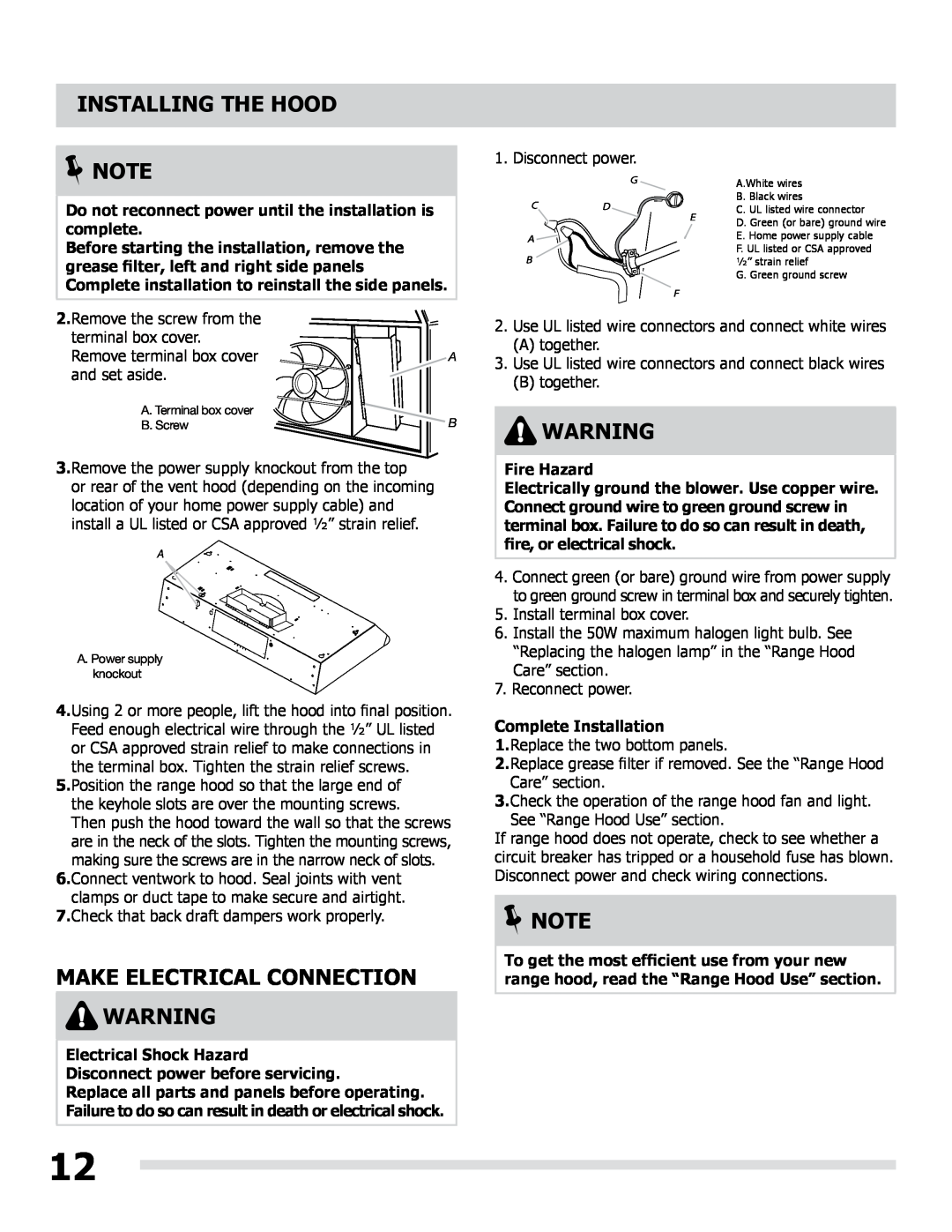Frigidaire LI30MB manual Make Electrical Connection, Do not reconnect power until the installation is complete, Fire Hazard 