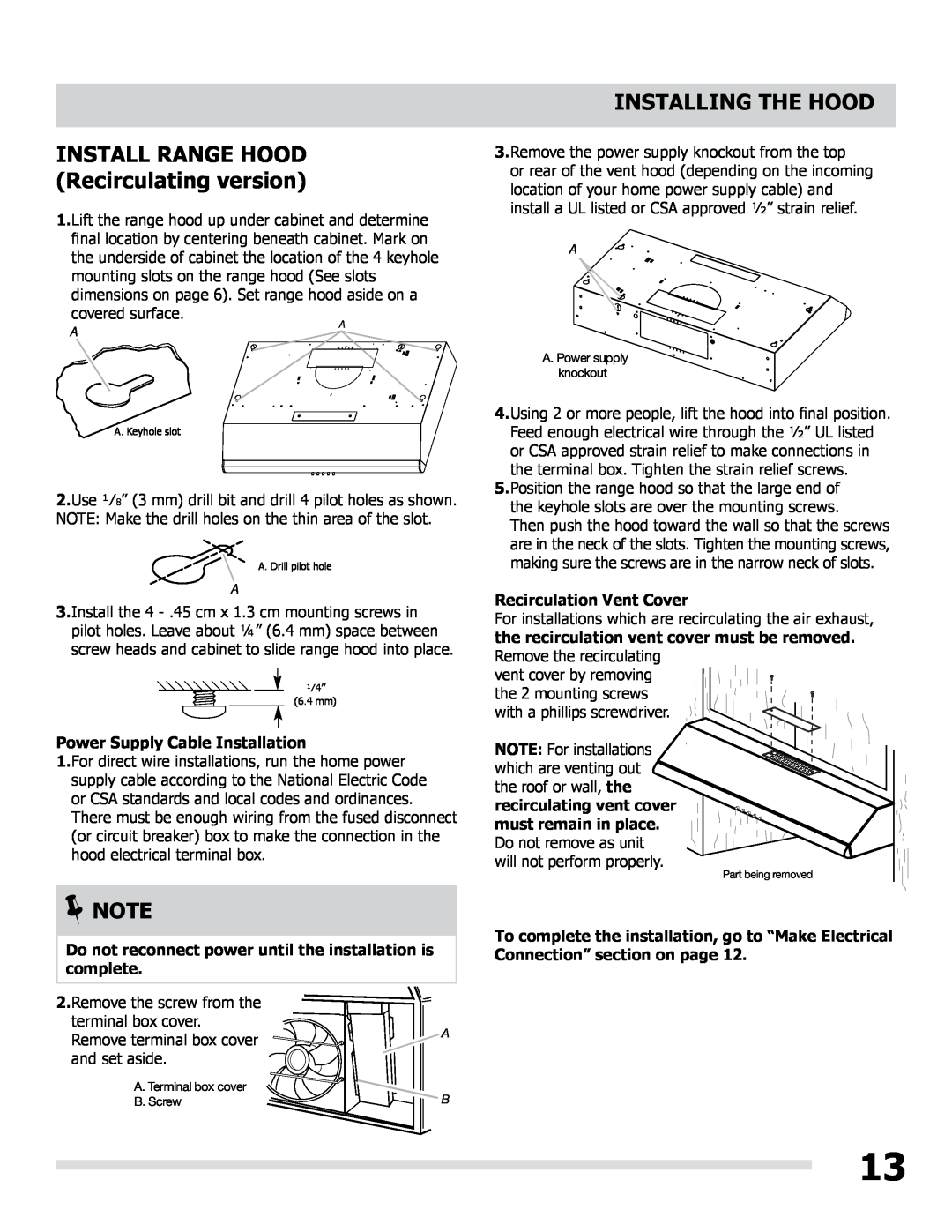 Frigidaire LI30MB manual INSTALL RANGE HOOD Recirculating version, Recirculation Vent Cover, Installing The Hood 